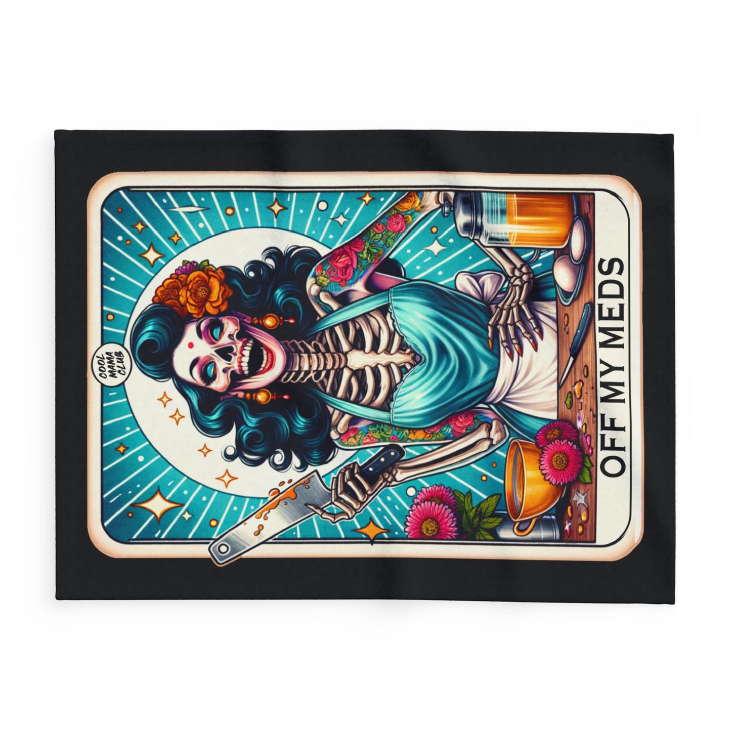 OFF MY MEDS Skeleton Black Tarot Card | Arctic Fleece Blanket | 30" x 40", 50" x 60", and 60" x 80"