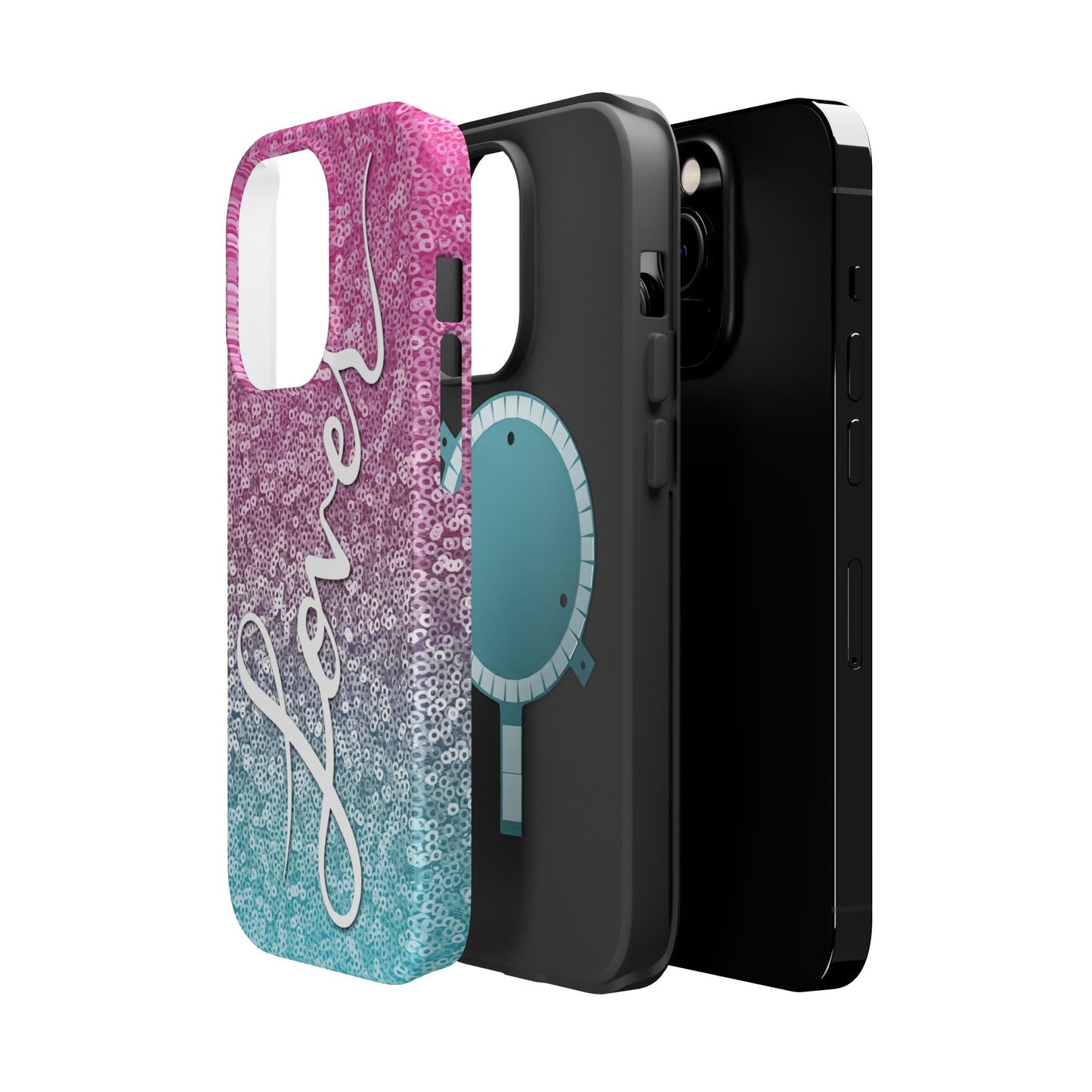 MagSafe Tough Cases | LOVER Pink Blue SEQUIN Glitter | iPhone 15, 14, 13 | Perfect Unique Valentine's Day Gift for Wife, Girlfriend