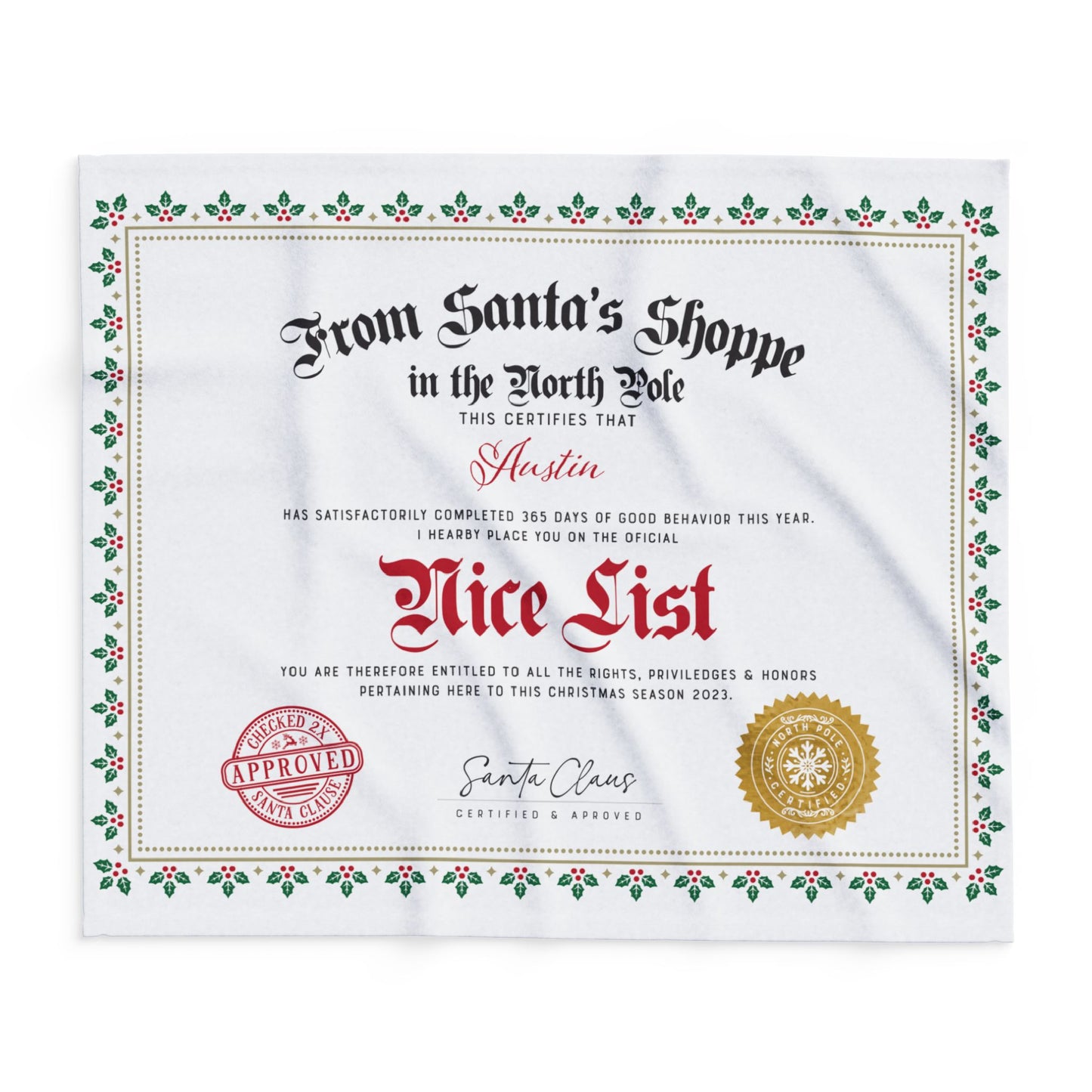 Personalized Fleece BLANKET | Custom Name NICE LIST Certificate Greenery Frame Diploma with Gold santa Seal | 30x40", 50x60" and 60x80"