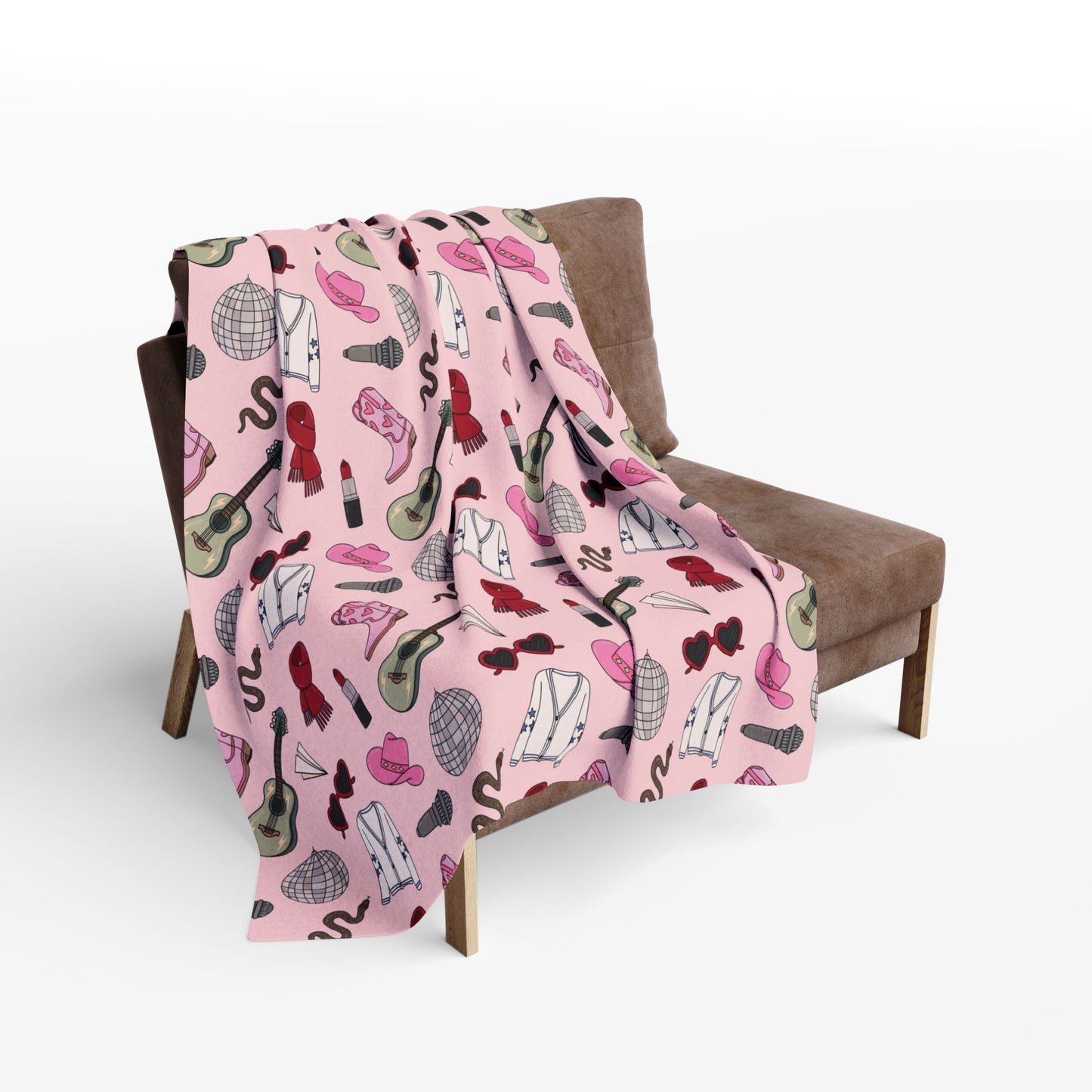 Eras Inspired PINK Arctic Fleece Blanket | 50x60", 60x80" | Swiftie Gift Fan | All Too Well Scarf, Guitar, Disco Ball, Cardigan, Boots, Hat
