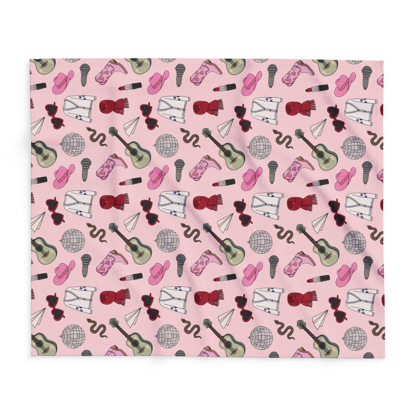 Eras Inspired PINK Arctic Fleece Blanket | 50x60", 60x80" | Swiftie Gift Fan | All Too Well Scarf, Guitar, Disco Ball, Cardigan, Boots, Hat