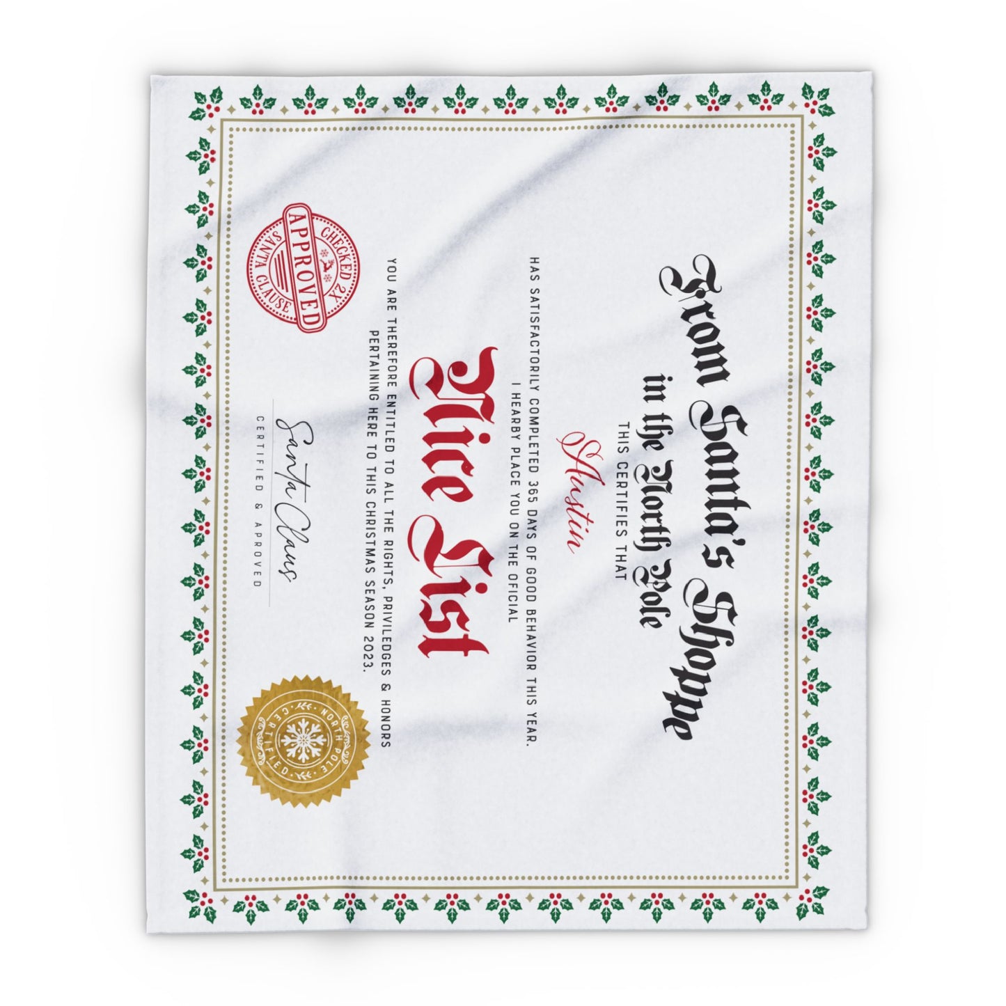 Personalized Fleece BLANKET | Custom Name NICE LIST Certificate Greenery Frame Diploma with Gold santa Seal | 30x40", 50x60" and 60x80"