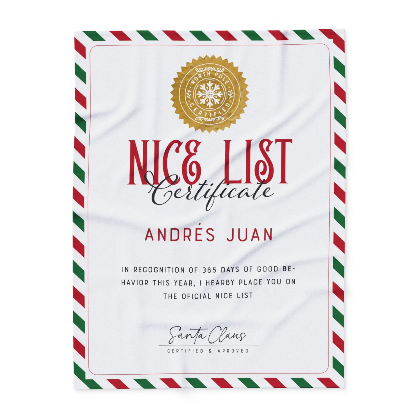 NICE LIST Announcement Personalized Fleece BLANKET | Custom Name Certificate | Candy Cane Frame, Gold Santa Seal | 30x40", 50x60" and 60x80"