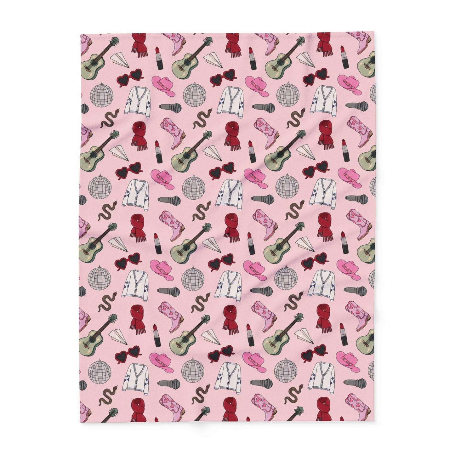 Eras Inspired PINK Arctic Fleece Blanket | 50x60", 60x80" | Swiftie Gift Fan | All Too Well Scarf, Guitar, Disco Ball, Cardigan, Boots, Hat