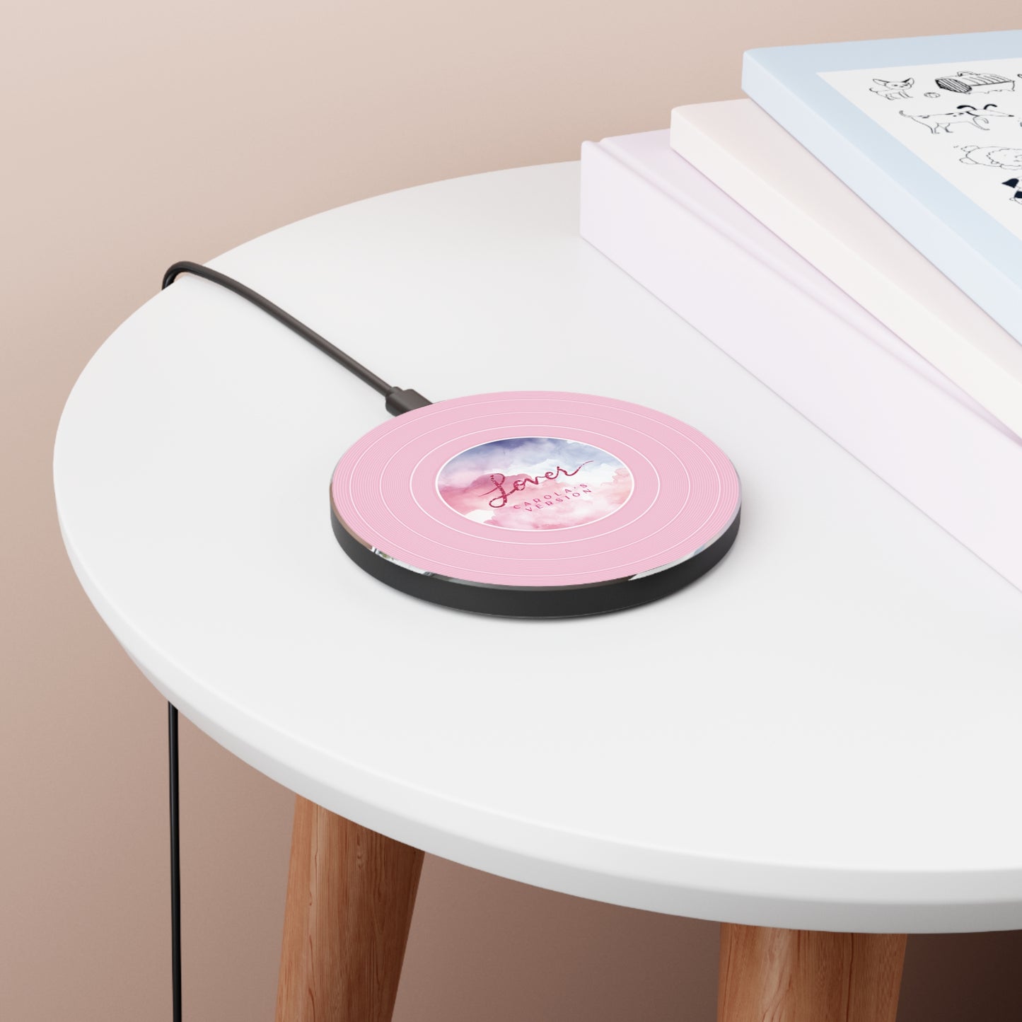 Personalized Wireless Charger LOVER Pink Clouds Vinyl Record | CUSTOM Version Name or ERA | 3.93" Round | 47'' cord | Swiftie Fan Gift