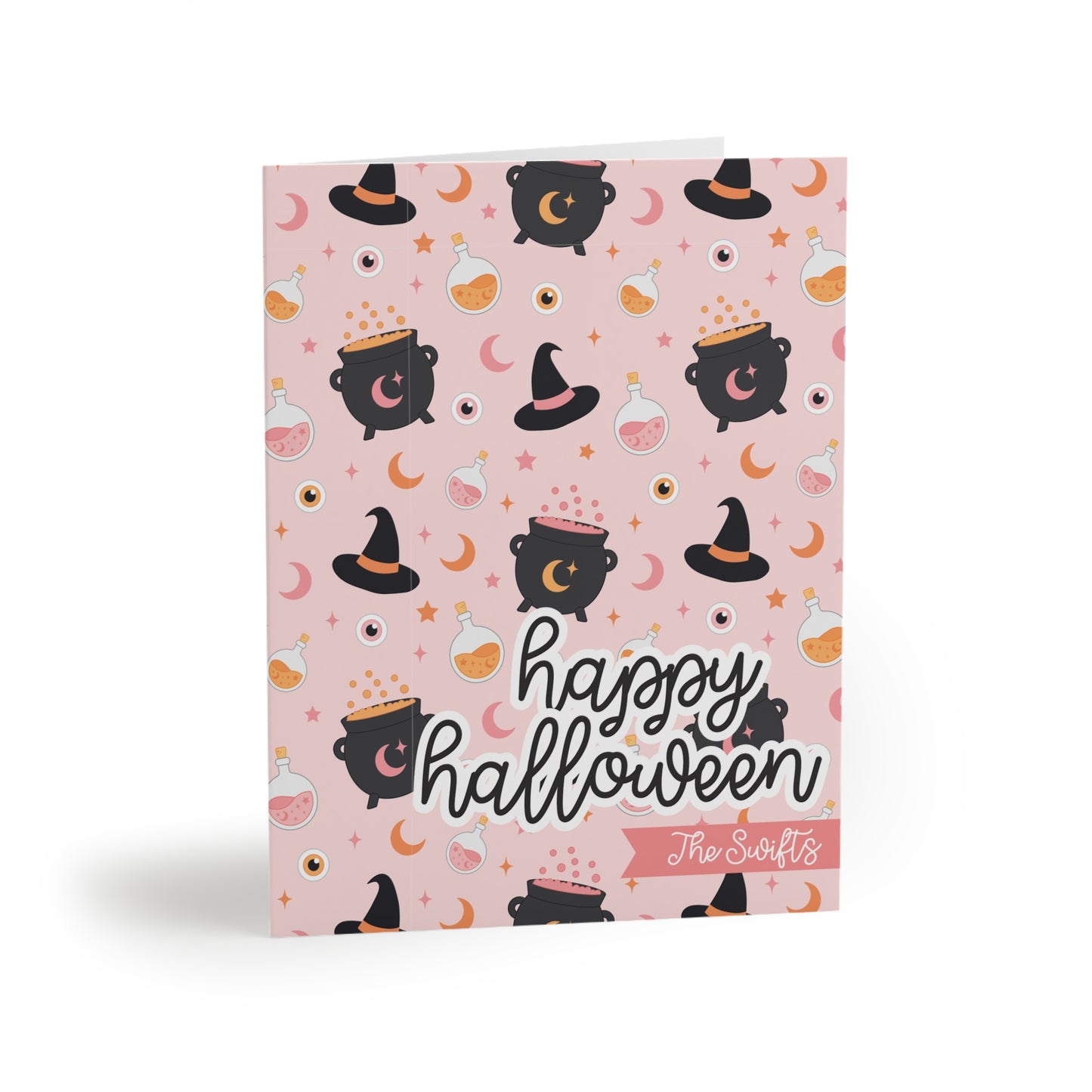PERSONALIZED Greeting Cards Witch Pattern Potion Cauldron Pink Matte Finish 8, 16, 24 Pack