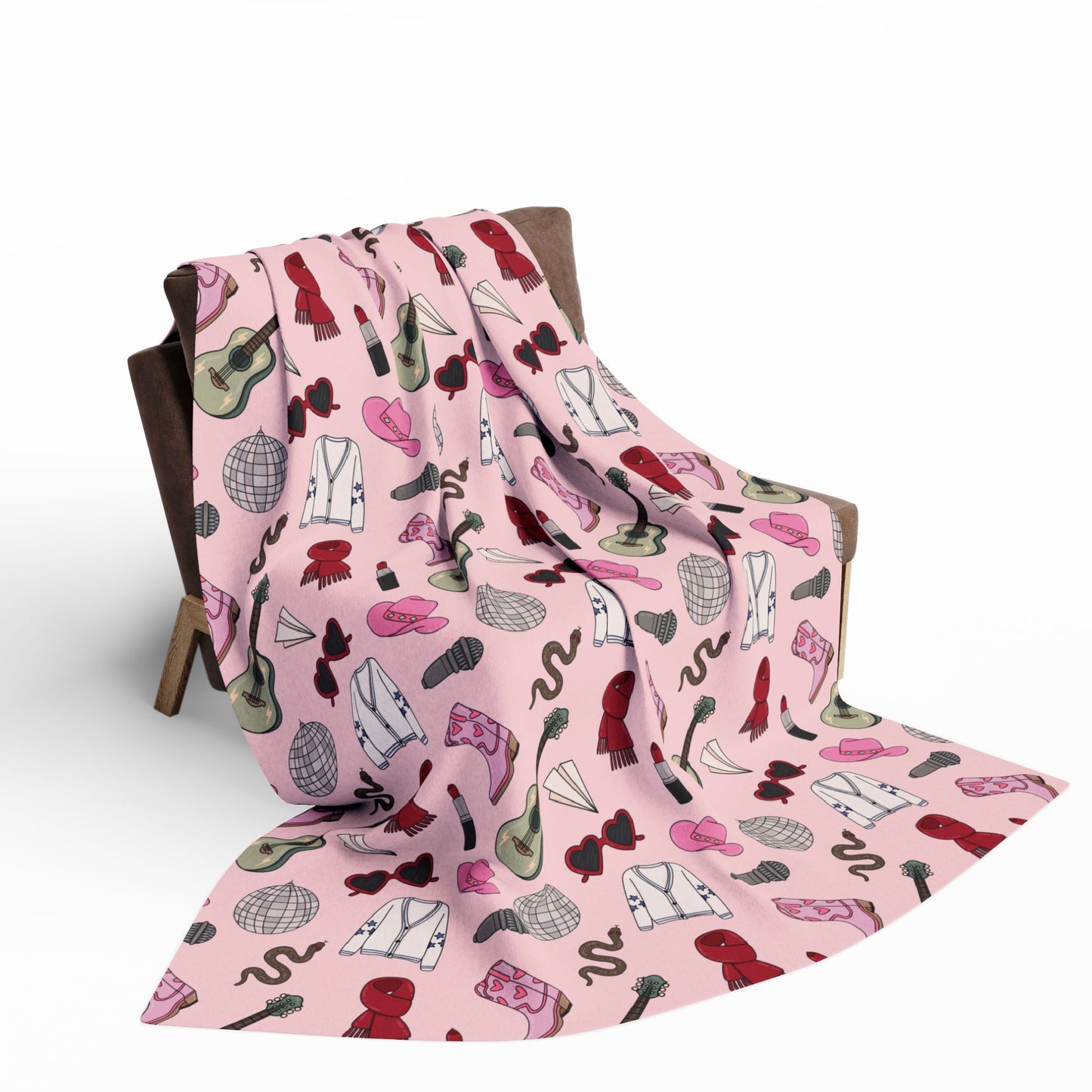 Eras Inspired PINK Arctic Fleece Blanket | 50x60", 60x80" | Swiftie Gift Fan | All Too Well Scarf, Guitar, Disco Ball, Cardigan, Boots, Hat