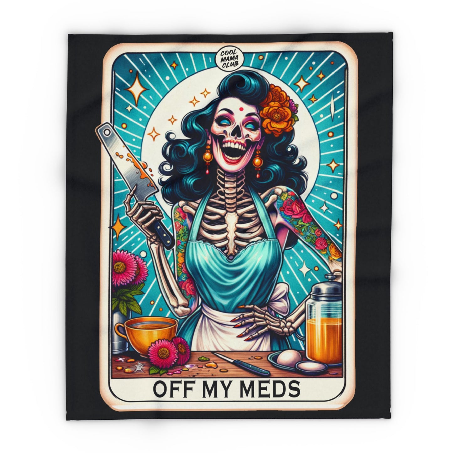 OFF MY MEDS Skeleton Black Tarot Card | Arctic Fleece Blanket | 30" x 40", 50" x 60", and 60" x 80"