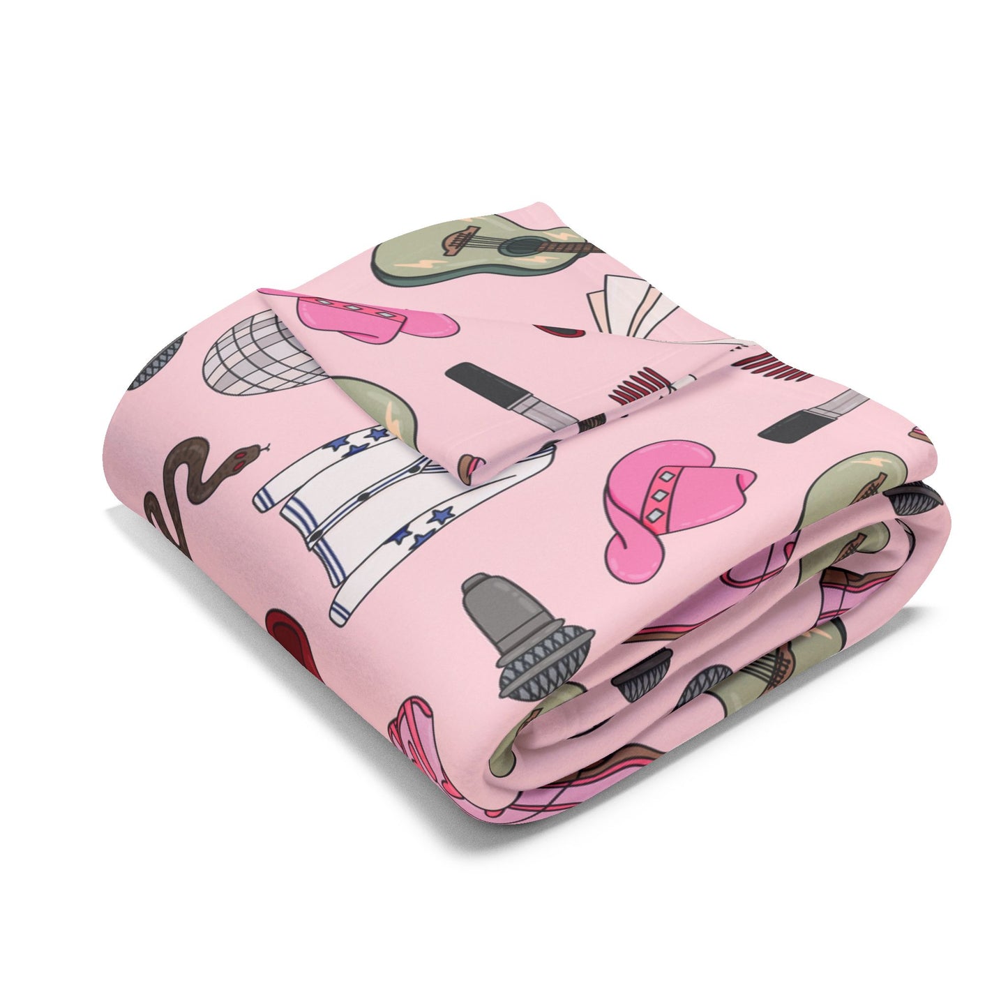 Eras Inspired PINK Arctic Fleece Blanket | 50x60", 60x80" | Swiftie Gift Fan | All Too Well Scarf, Guitar, Disco Ball, Cardigan, Boots, Hat