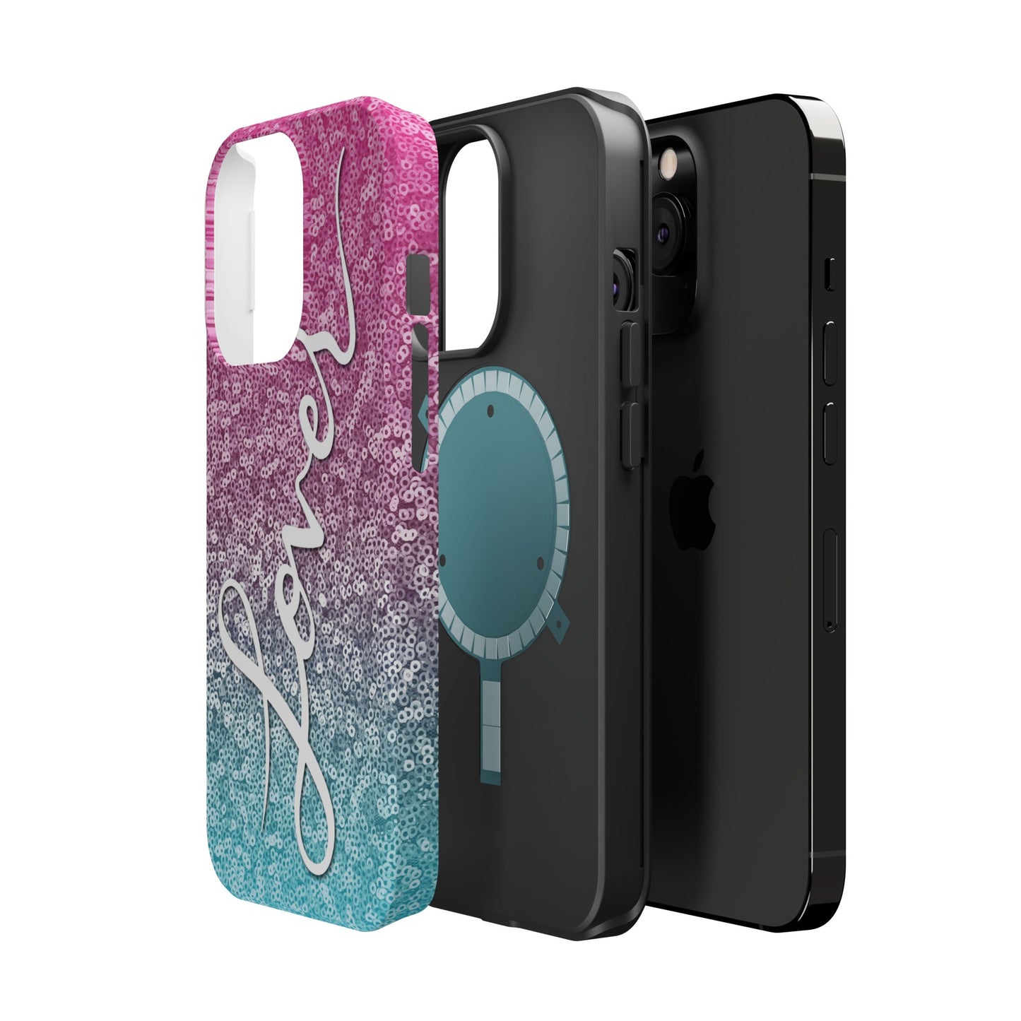 MagSafe Tough Cases | LOVER Pink Blue SEQUIN Glitter | iPhone 15, 14, 13 | Perfect Unique Valentine's Day Gift for Wife, Girlfriend