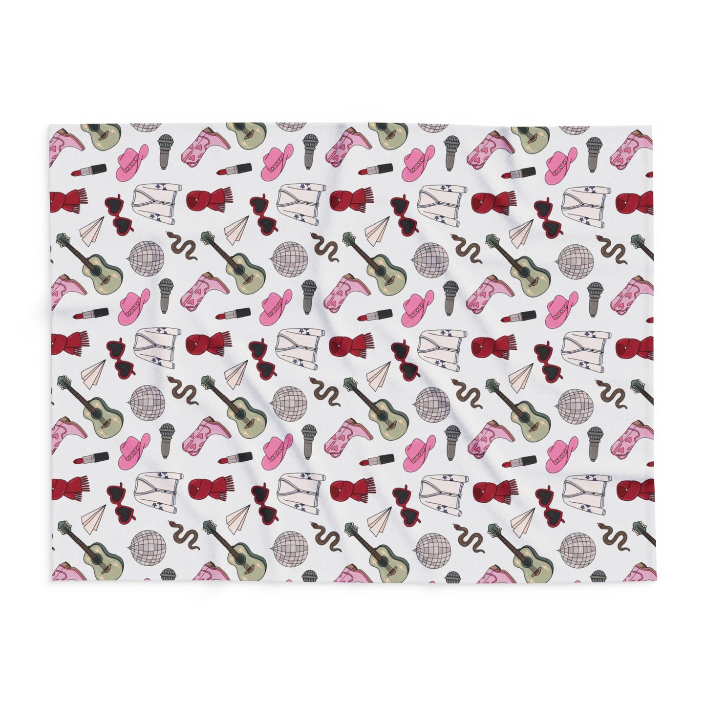 Eras Inspired White Arctic Fleece Blanket | 30x40", 50x60", 60x80" | Swiftie Gift Fan | Scarf, Guitar, Disco Ball, Cardigan, Pink Boots Hat