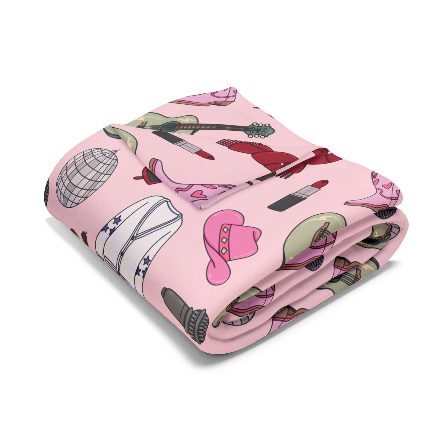 Eras Inspired PINK Arctic Fleece Blanket | 50x60", 60x80" | Swiftie Gift Fan | All Too Well Scarf, Guitar, Disco Ball, Cardigan, Boots, Hat