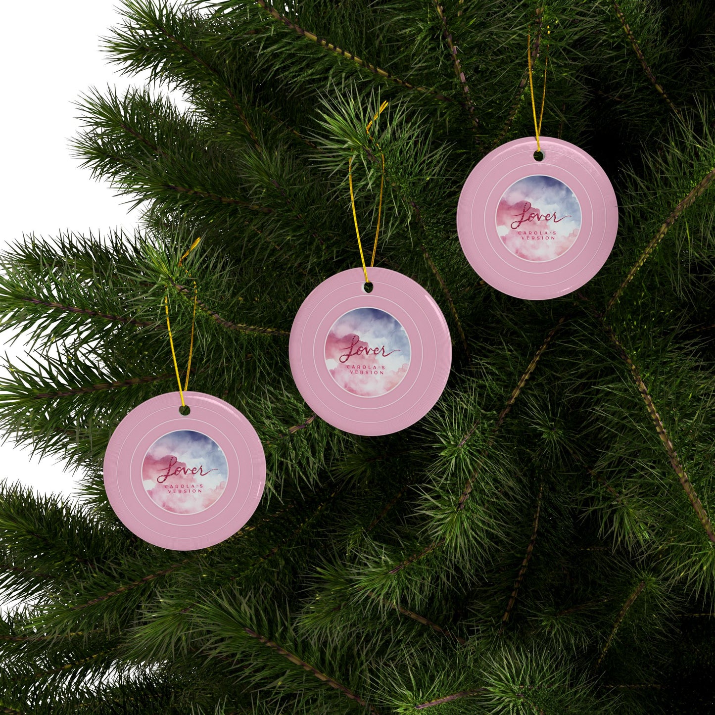 Personalized Ceramic Ornament, LOVER Pink Clouds Vinyl Record | CUSTOM VERSION's Name or Era | 4" x 4" | Swiftie Gift Fan Present