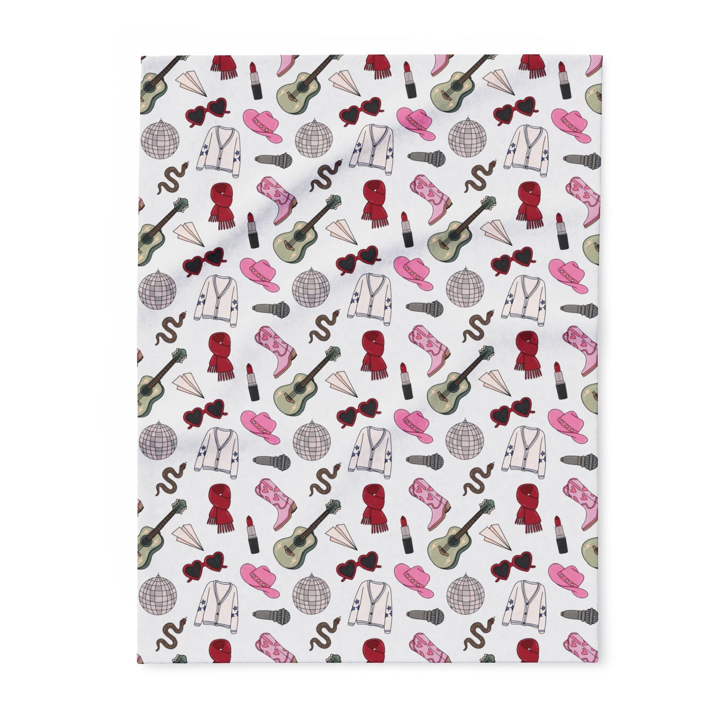 Eras Inspired White Arctic Fleece Blanket | 30x40", 50x60", 60x80" | Swiftie Gift Fan | Scarf, Guitar, Disco Ball, Cardigan, Pink Boots Hat