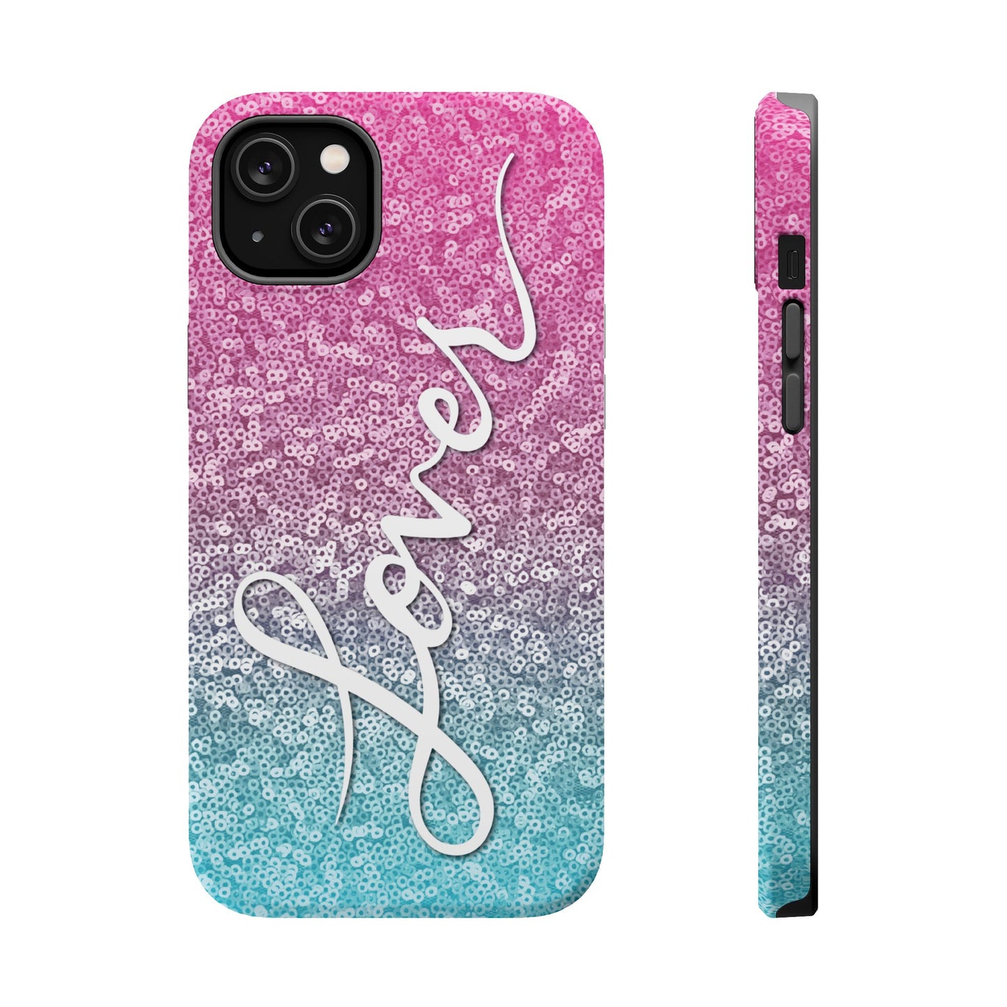 MagSafe Tough Cases | LOVER Pink Blue SEQUIN Glitter | iPhone 15, 14, 13 | Perfect Unique Valentine's Day Gift for Wife, Girlfriend