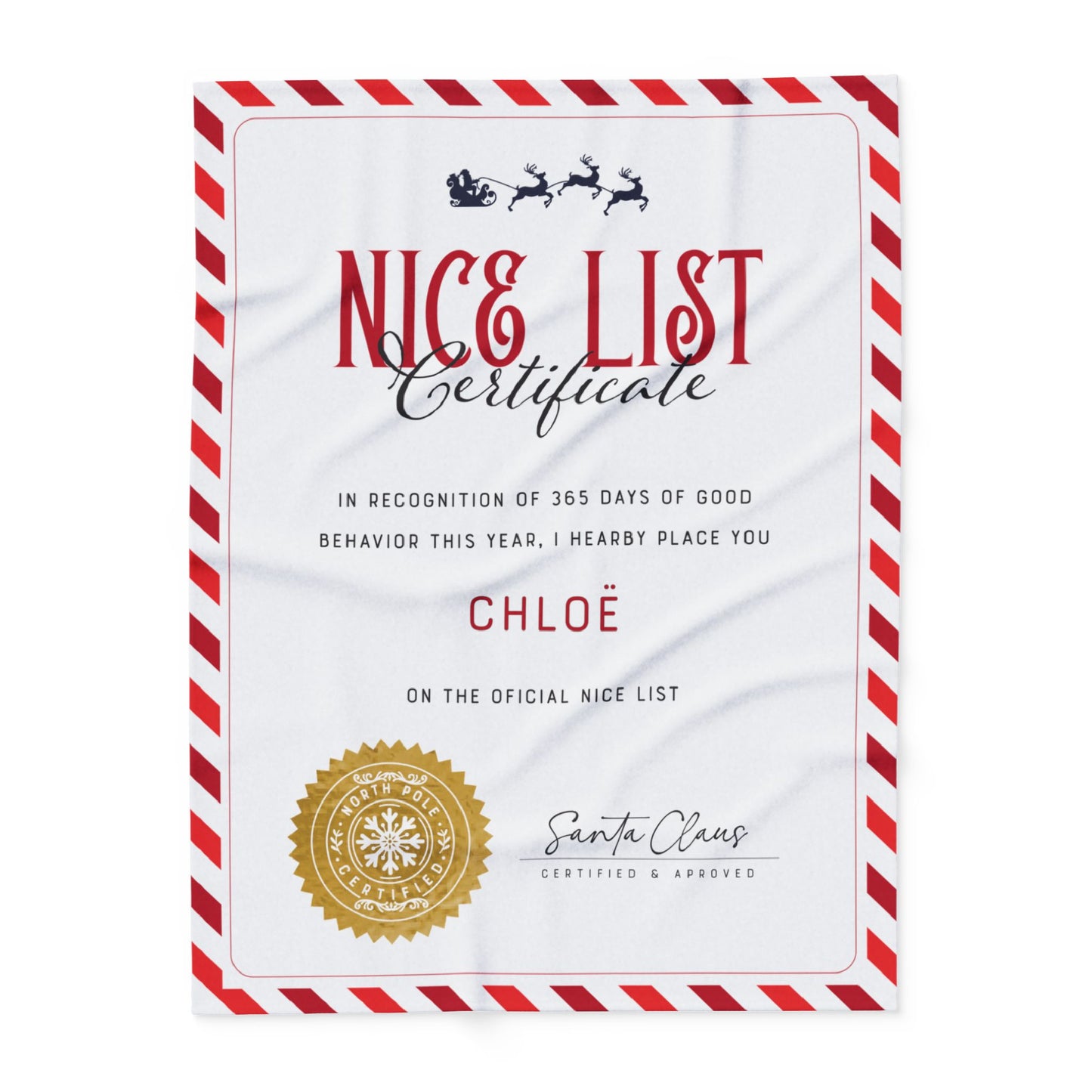 NICE LIST Announcement Personalized Fleece BLANKET | Custom Name Certificate | Candy Cane Frame, Gold Santa Seal | 30x40", 50x60" and 60x80"