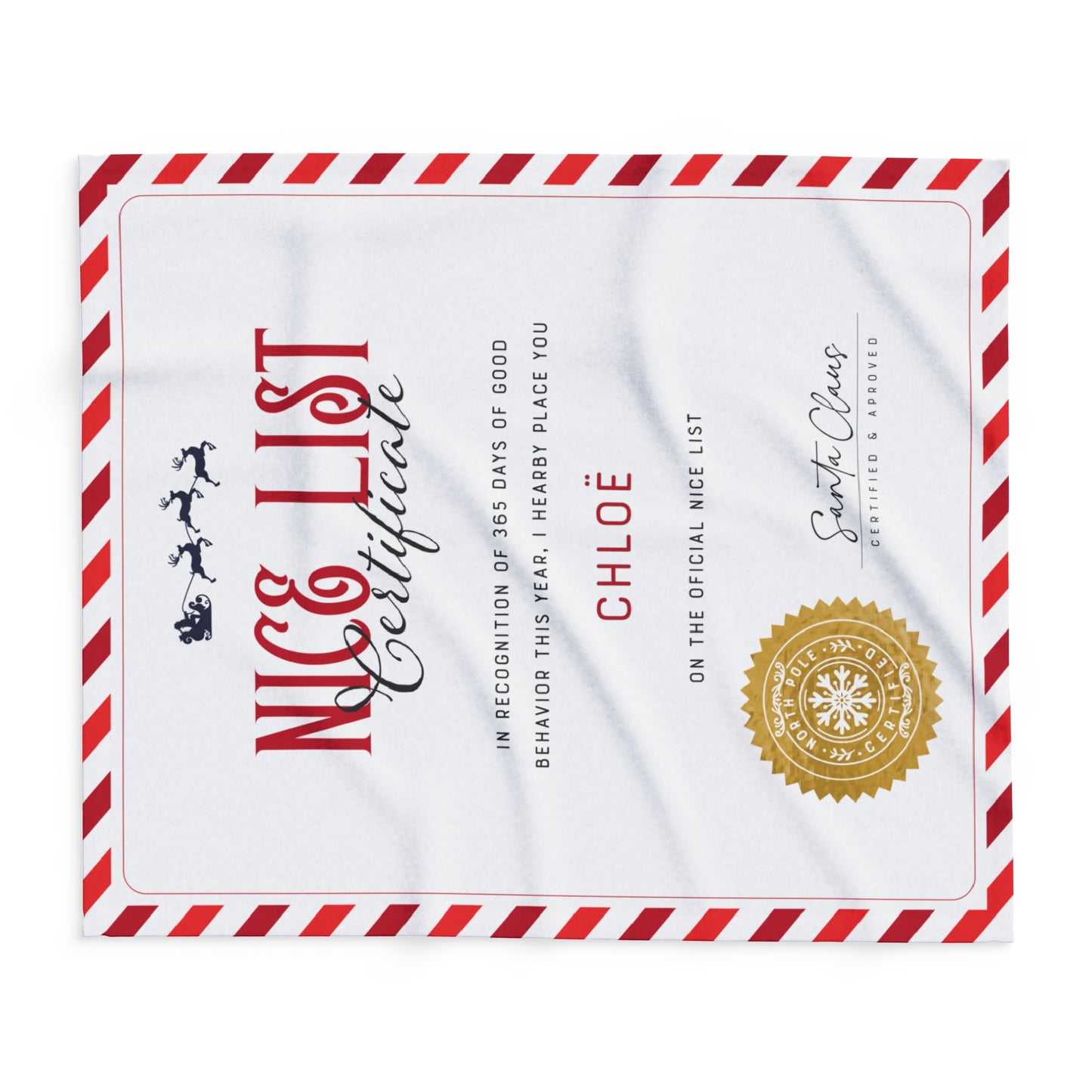 NICE LIST Announcement Personalized Fleece BLANKET | Custom Name Certificate | Candy Cane Frame, Gold Santa Seal | 30x40", 50x60" and 60x80"