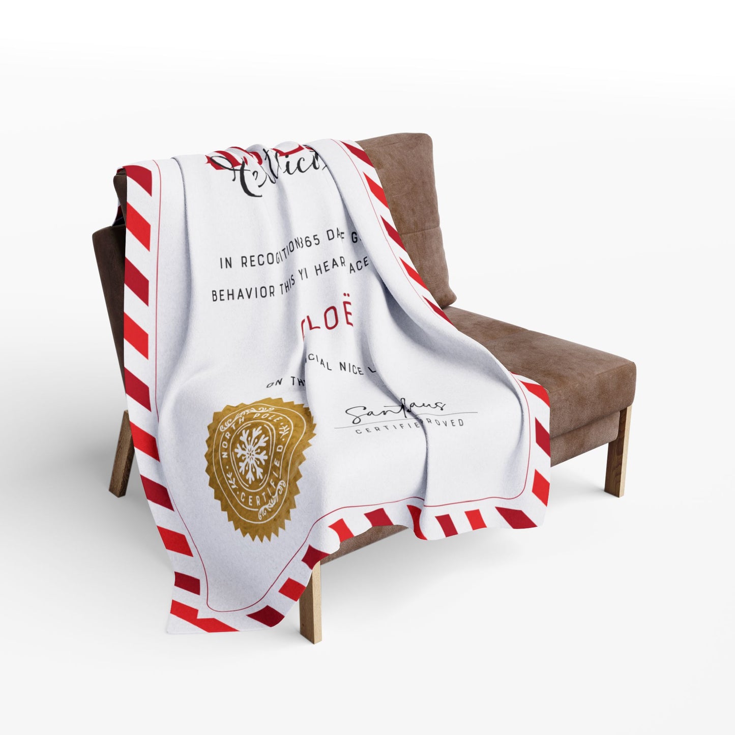 NICE LIST Announcement Personalized Fleece BLANKET | Custom Name Certificate | Candy Cane Frame, Gold Santa Seal | 30x40", 50x60" and 60x80"