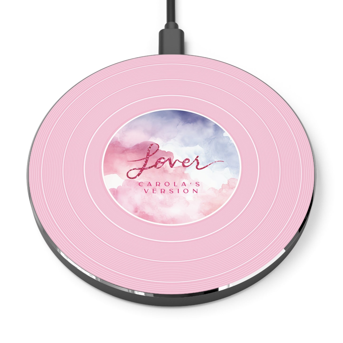 Personalized Wireless Charger LOVER Pink Clouds Vinyl Record | CUSTOM Version Name or ERA | 3.93" Round | 47'' cord | Swiftie Fan Gift