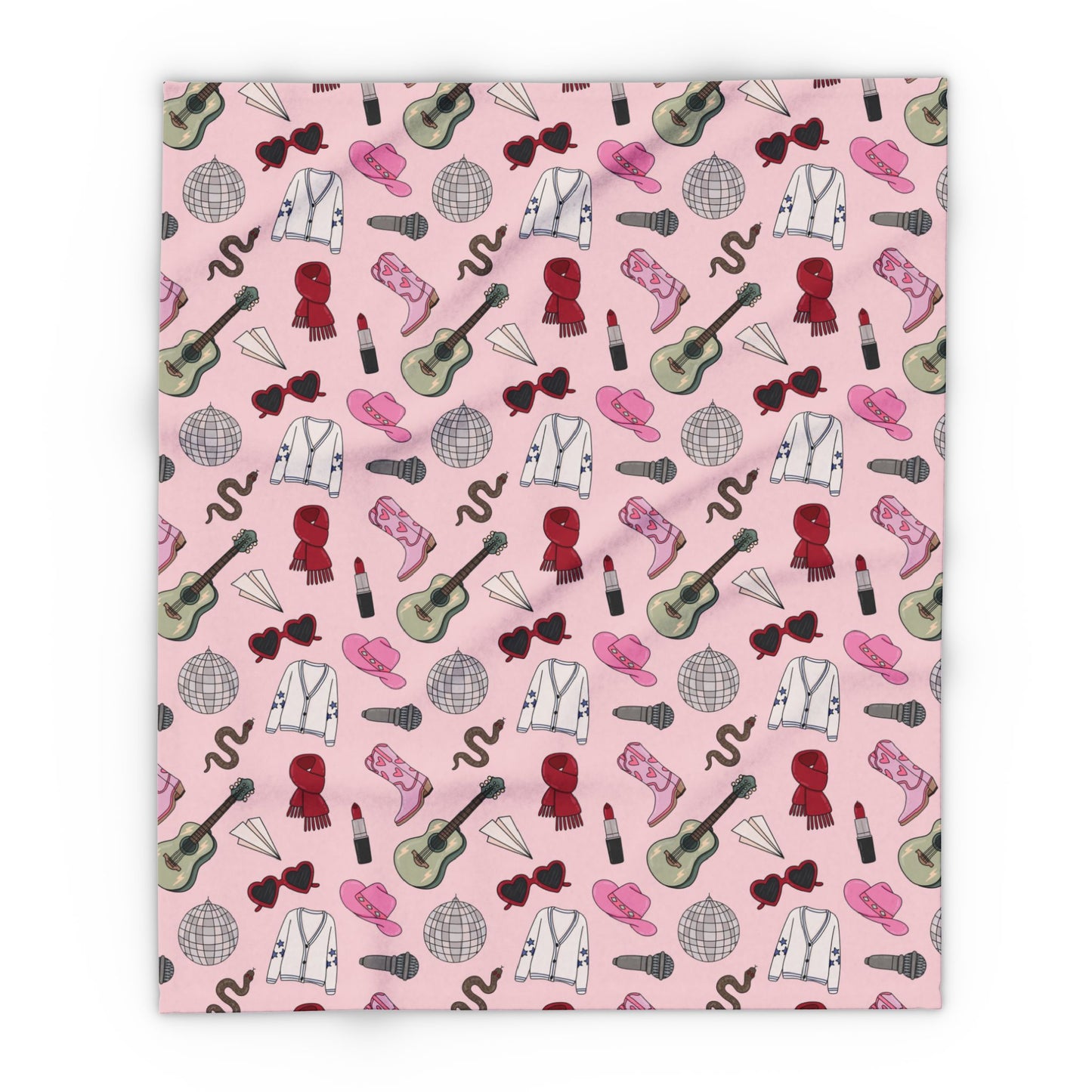 Eras Inspired PINK Arctic Fleece Blanket | 50x60", 60x80" | Swiftie Gift Fan | All Too Well Scarf, Guitar, Disco Ball, Cardigan, Boots, Hat