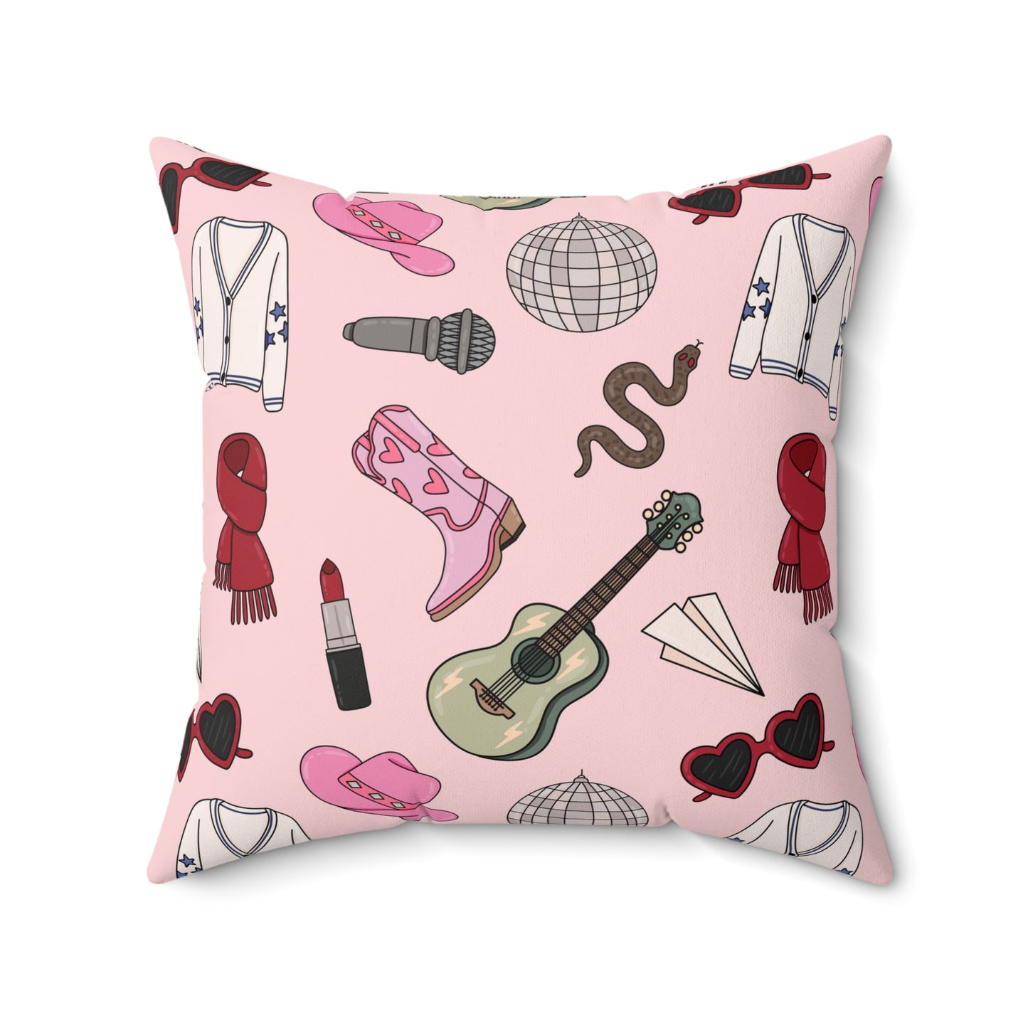 Eras Inspired PINK Spun Polyester Square Pillow | 14x14, 16x16, 18x18, and 20x20 inches | Swiftie Gift Fan Present | All Too Well Scarf