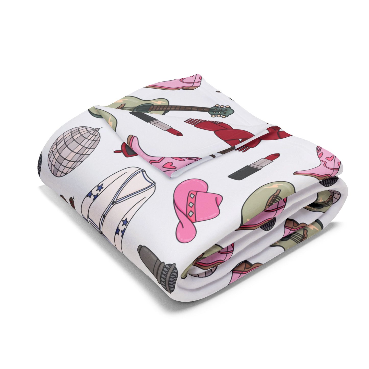 Eras Inspired White Arctic Fleece Blanket | 30x40", 50x60", 60x80" | Swiftie Gift Fan | Scarf, Guitar, Disco Ball, Cardigan, Pink Boots Hat