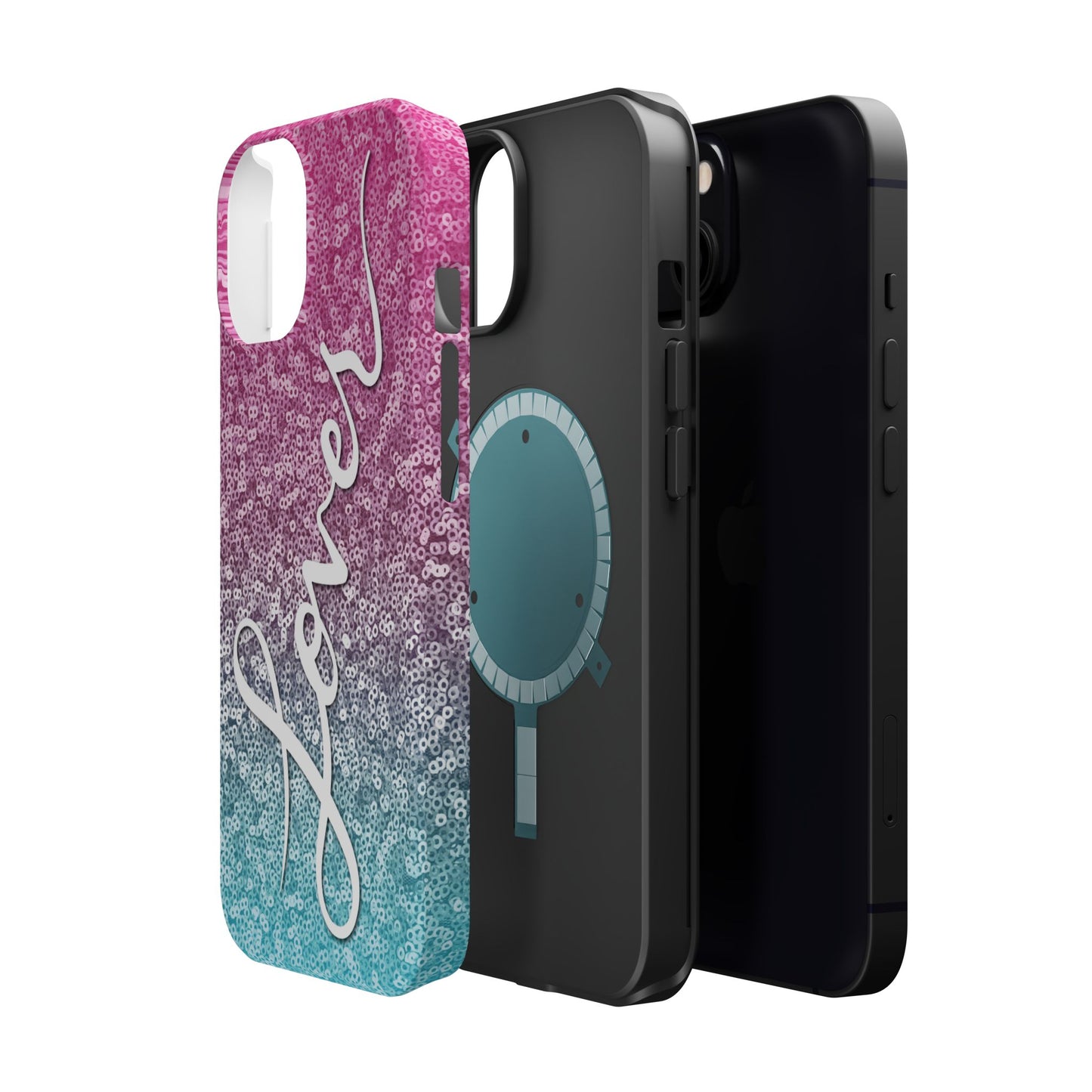 MagSafe Tough Cases | LOVER Pink Blue SEQUIN Glitter | iPhone 15, 14, 13 | Perfect Unique Valentine's Day Gift for Wife, Girlfriend