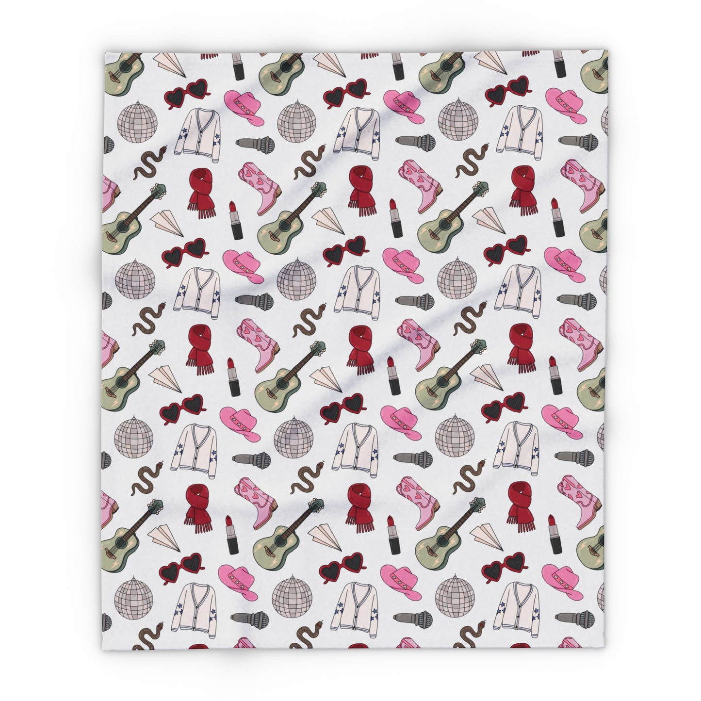 Eras Inspired White Arctic Fleece Blanket | 30x40", 50x60", 60x80" | Swiftie Gift Fan | Scarf, Guitar, Disco Ball, Cardigan, Pink Boots Hat