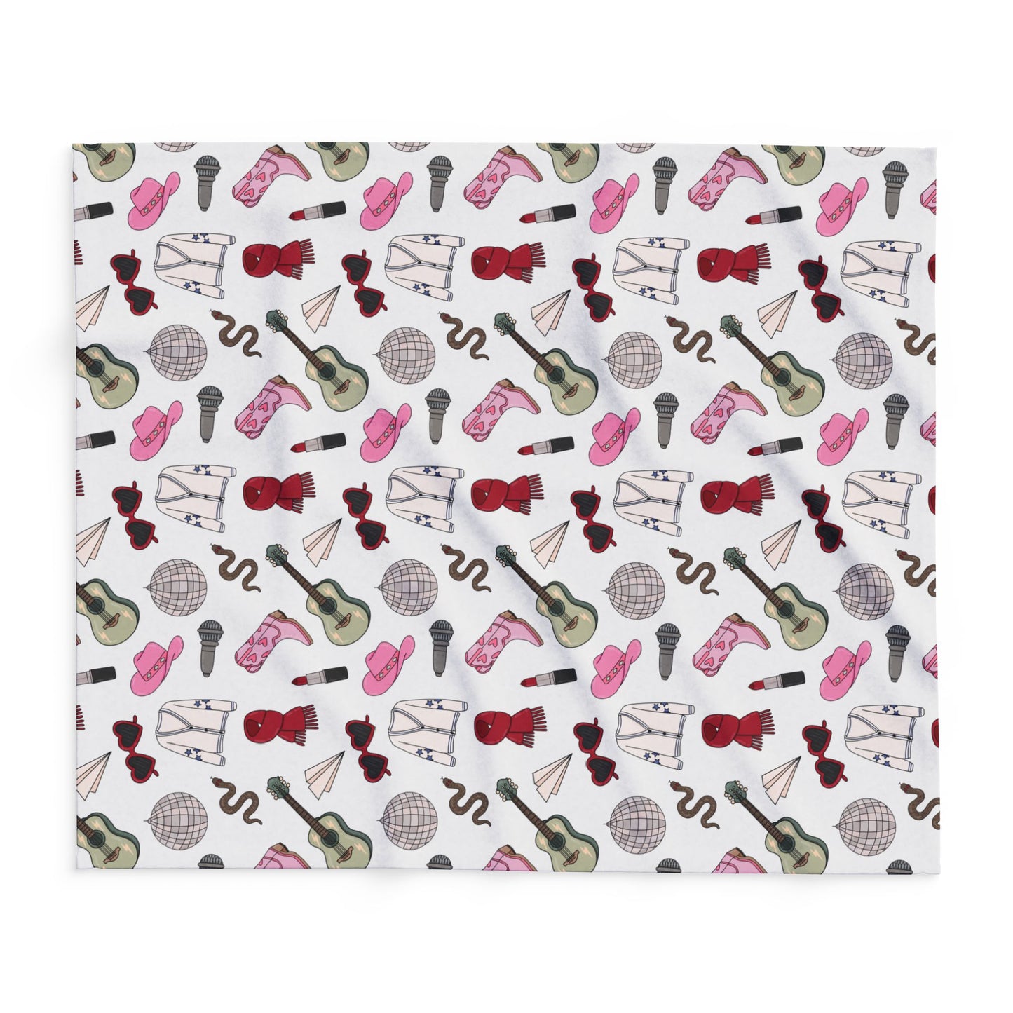Eras Inspired White Arctic Fleece Blanket | 30x40", 50x60", 60x80" | Swiftie Gift Fan | Scarf, Guitar, Disco Ball, Cardigan, Pink Boots Hat