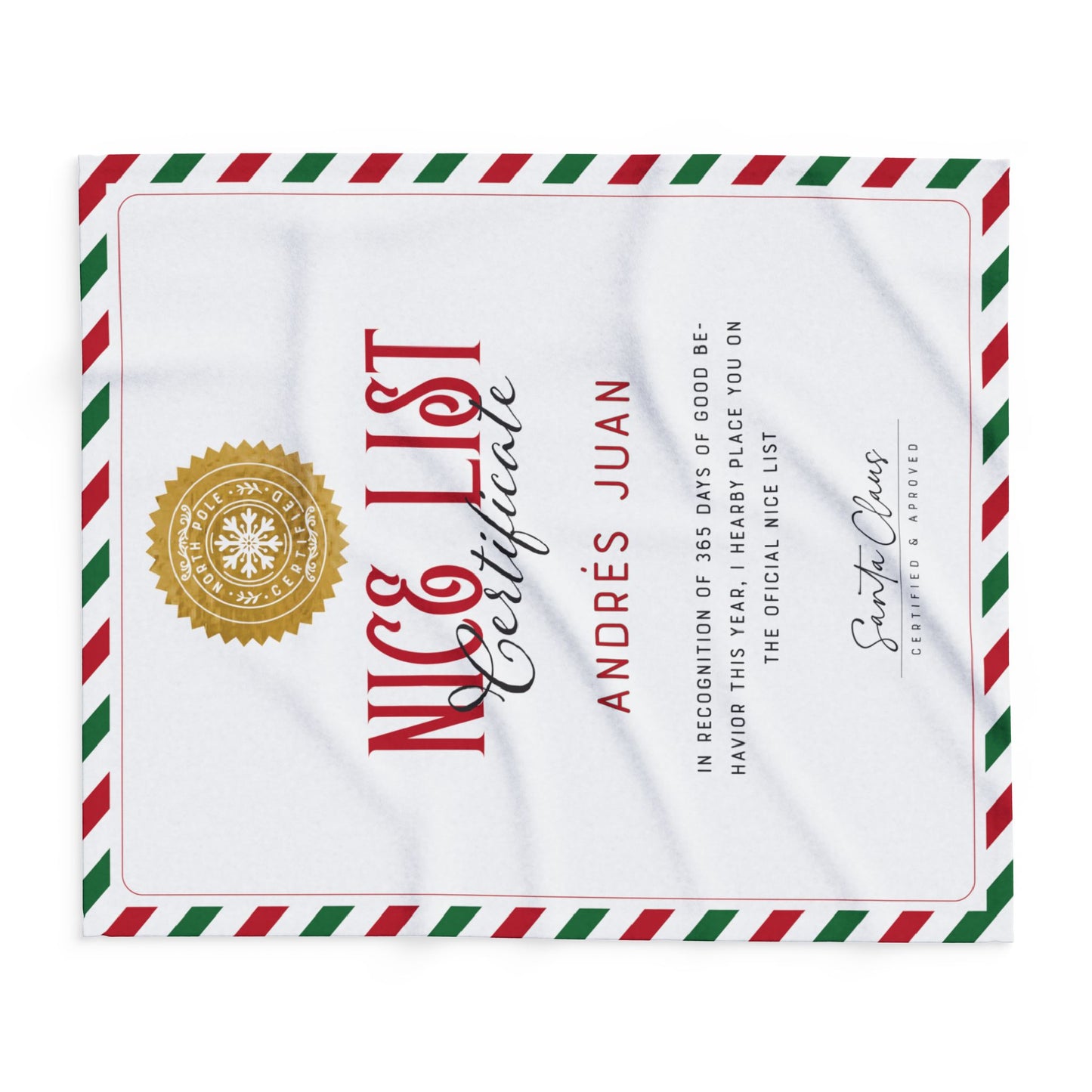 NICE LIST Announcement Personalized Fleece BLANKET | Custom Name Certificate | Candy Cane Frame, Gold Santa Seal | 30x40", 50x60" and 60x80"
