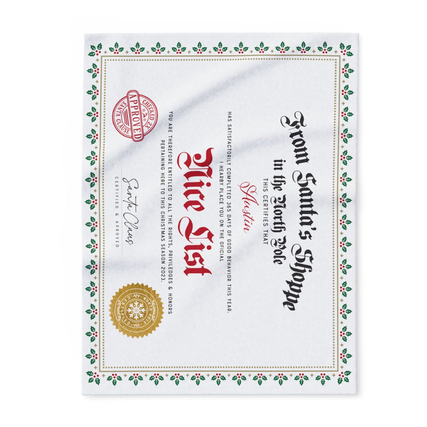 Personalized Fleece BLANKET | Custom Name NICE LIST Certificate Greenery Frame Diploma with Gold santa Seal | 30x40", 50x60" and 60x80"