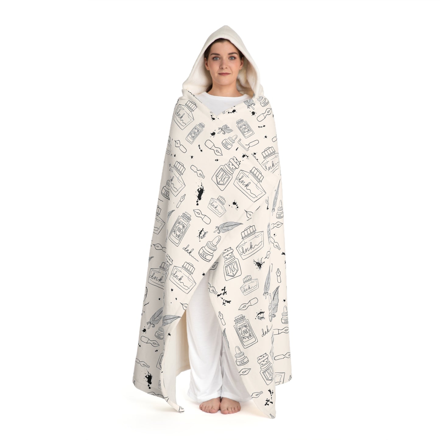 Tortured Poets Inspired Black and White Hooded Sherpa Fleece Blanket | 70.5" x 52" | Swiftie Gift Fan Present | ink, pen, feathers, writer