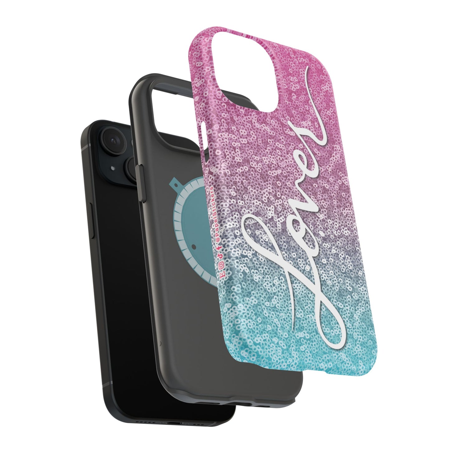 MagSafe Tough Cases | LOVER Pink Blue SEQUIN Glitter | iPhone 15, 14, 13 | Perfect Unique Valentine's Day Gift for Wife, Girlfriend