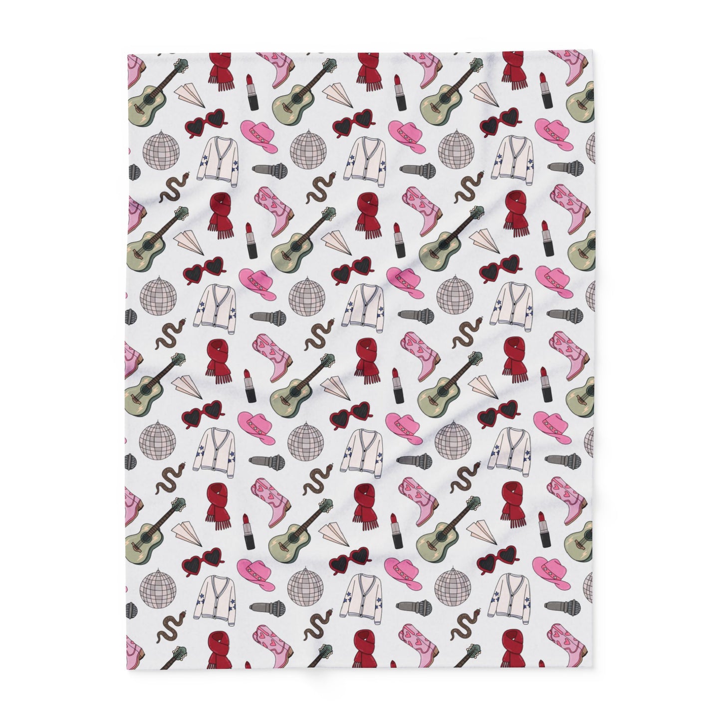 Eras Inspired White Arctic Fleece Blanket | 30x40", 50x60", 60x80" | Swiftie Gift Fan | Scarf, Guitar, Disco Ball, Cardigan, Pink Boots Hat