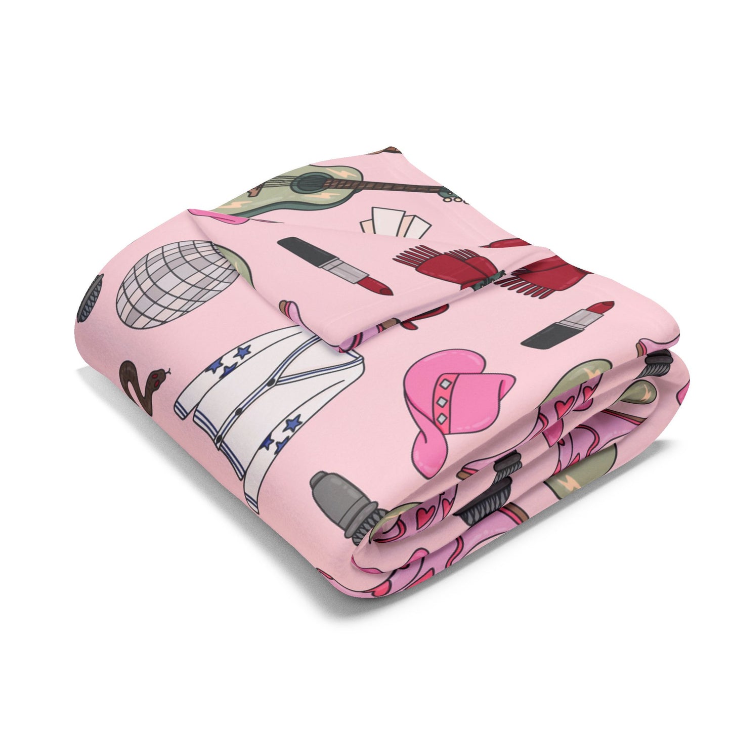 Eras Inspired PINK Arctic Fleece Blanket | 50x60", 60x80" | Swiftie Gift Fan | All Too Well Scarf, Guitar, Disco Ball, Cardigan, Boots, Hat
