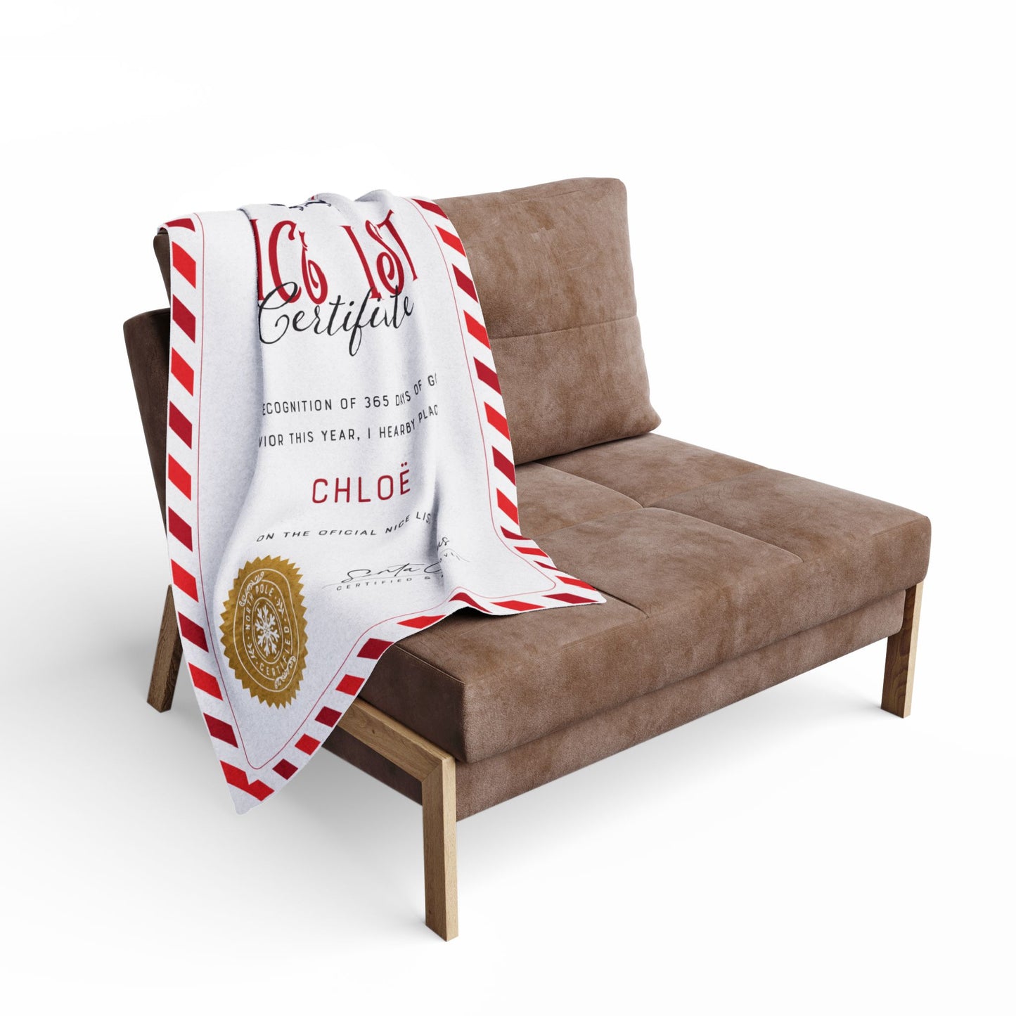 NICE LIST Announcement Personalized Fleece BLANKET | Custom Name Certificate | Candy Cane Frame, Gold Santa Seal | 30x40", 50x60" and 60x80"