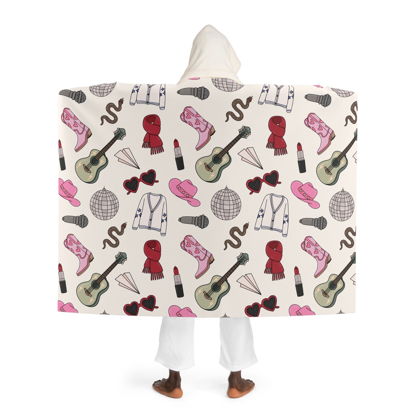 Eras Inspired Hooded Sherpa Fleece Blanket | 70.5" x 52" | Swiftie Gift | All Too Well Scarf, Guitar, Disco Ball, Cardigan, Pink Boots Hat