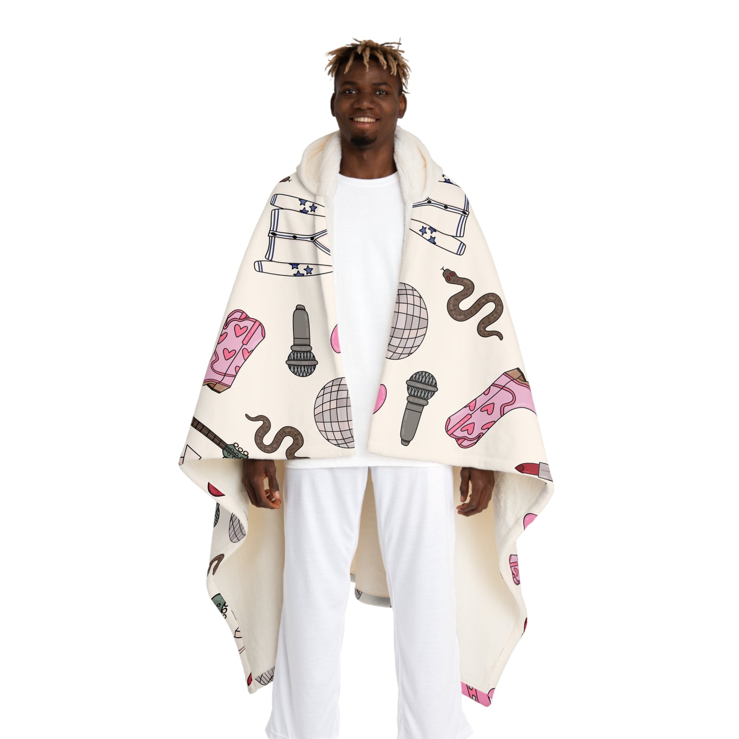 Eras Inspired Hooded Sherpa Fleece Blanket | 70.5" x 52" | Swiftie Gift | All Too Well Scarf, Guitar, Disco Ball, Cardigan, Pink Boots Hat