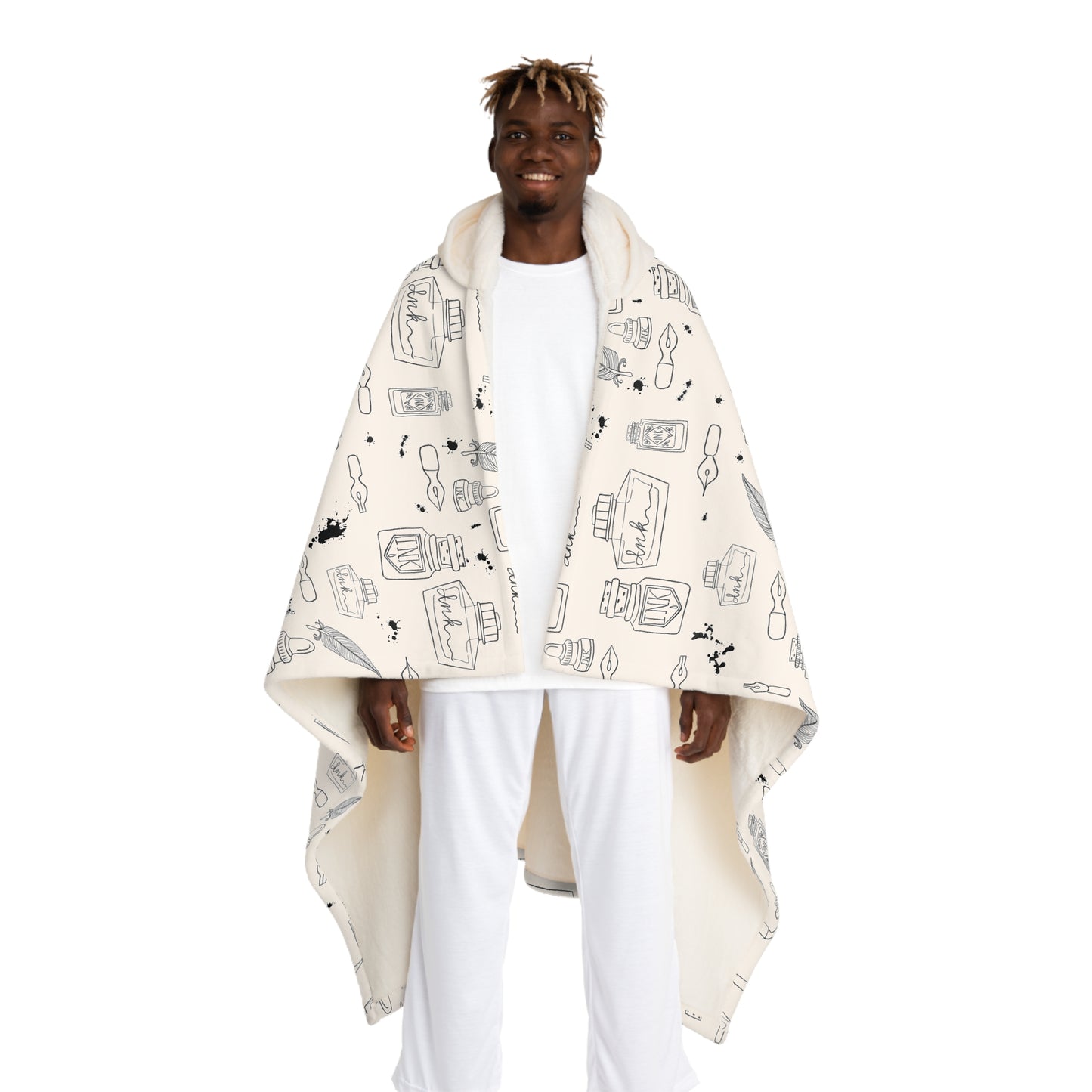 Tortured Poets Inspired Black and White Hooded Sherpa Fleece Blanket | 70.5" x 52" | Swiftie Gift Fan Present | ink, pen, feathers, writer