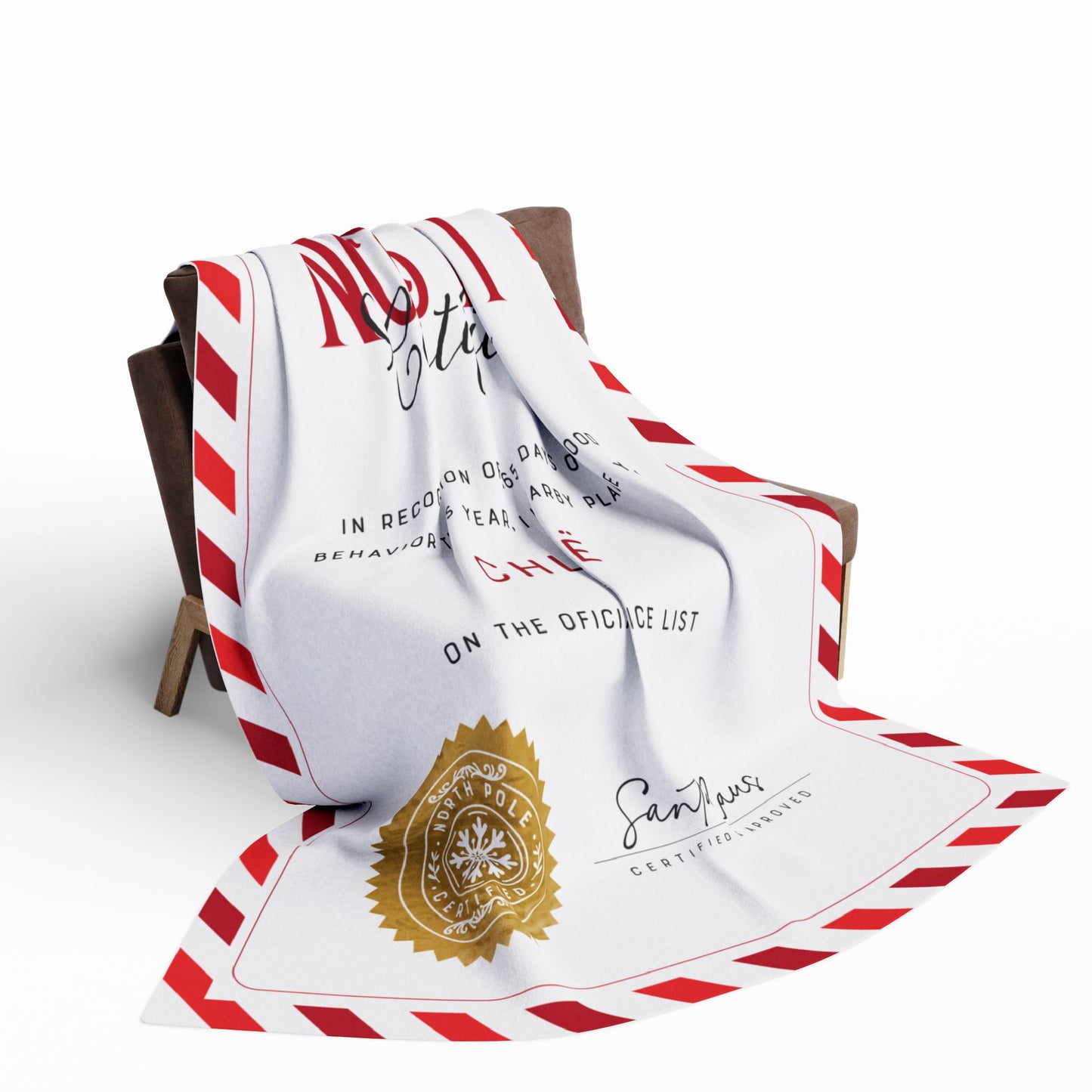 NICE LIST Announcement Personalized Fleece BLANKET | Custom Name Certificate | Candy Cane Frame, Gold Santa Seal | 30x40", 50x60" and 60x80"