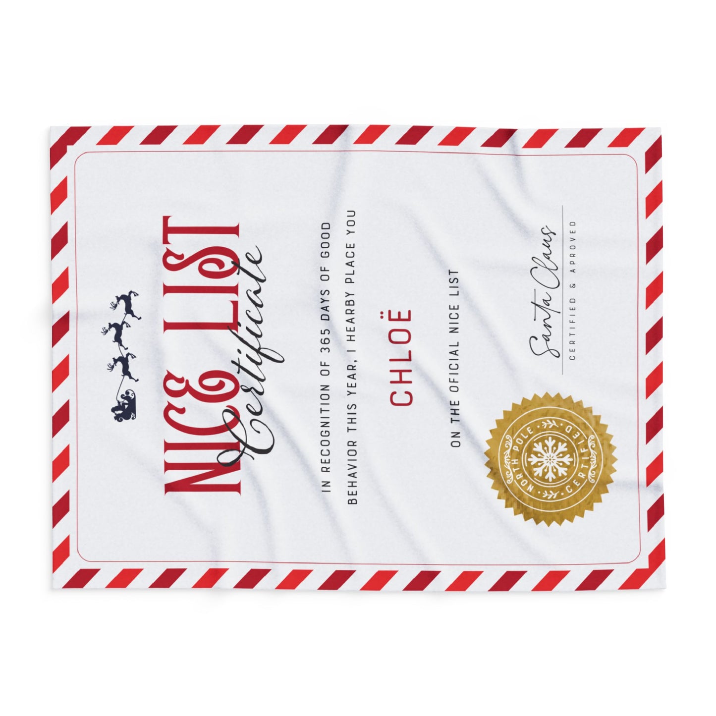 NICE LIST Announcement Personalized Fleece BLANKET | Custom Name Certificate | Candy Cane Frame, Gold Santa Seal | 30x40", 50x60" and 60x80"