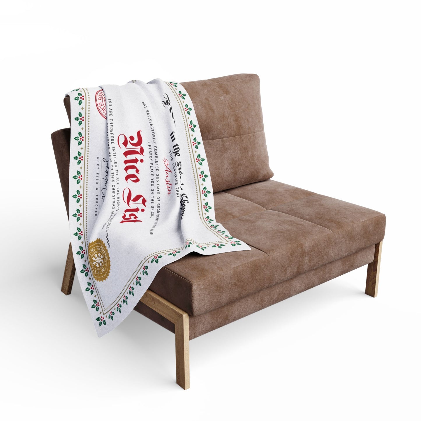 Personalized Fleece BLANKET | Custom Name NICE LIST Certificate Greenery Frame Diploma with Gold santa Seal | 30x40", 50x60" and 60x80"