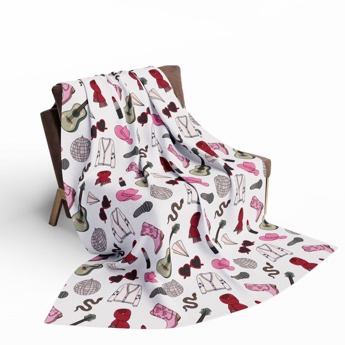Eras Inspired White Arctic Fleece Blanket | 30x40", 50x60", 60x80" | Swiftie Gift Fan | Scarf, Guitar, Disco Ball, Cardigan, Pink Boots Hat