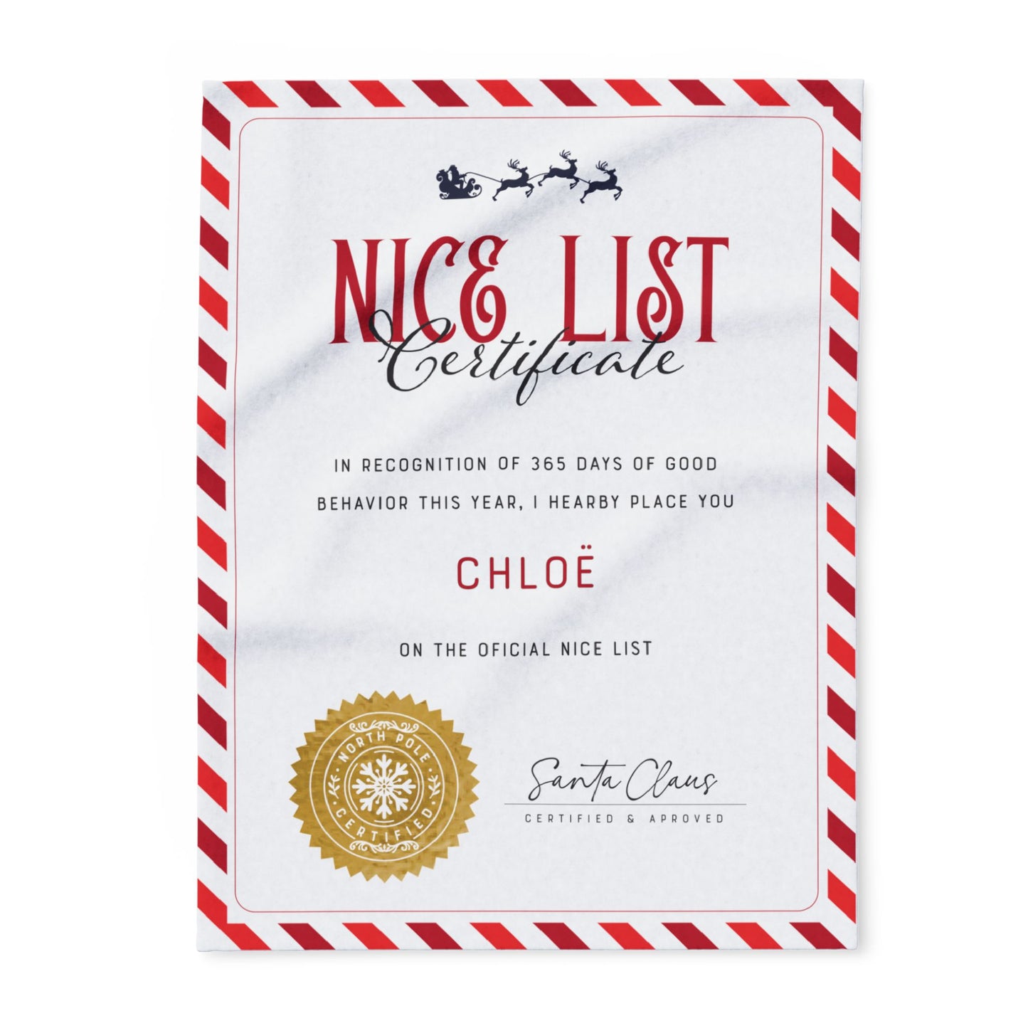 NICE LIST Announcement Personalized Fleece BLANKET | Custom Name Certificate | Candy Cane Frame, Gold Santa Seal | 30x40", 50x60" and 60x80"
