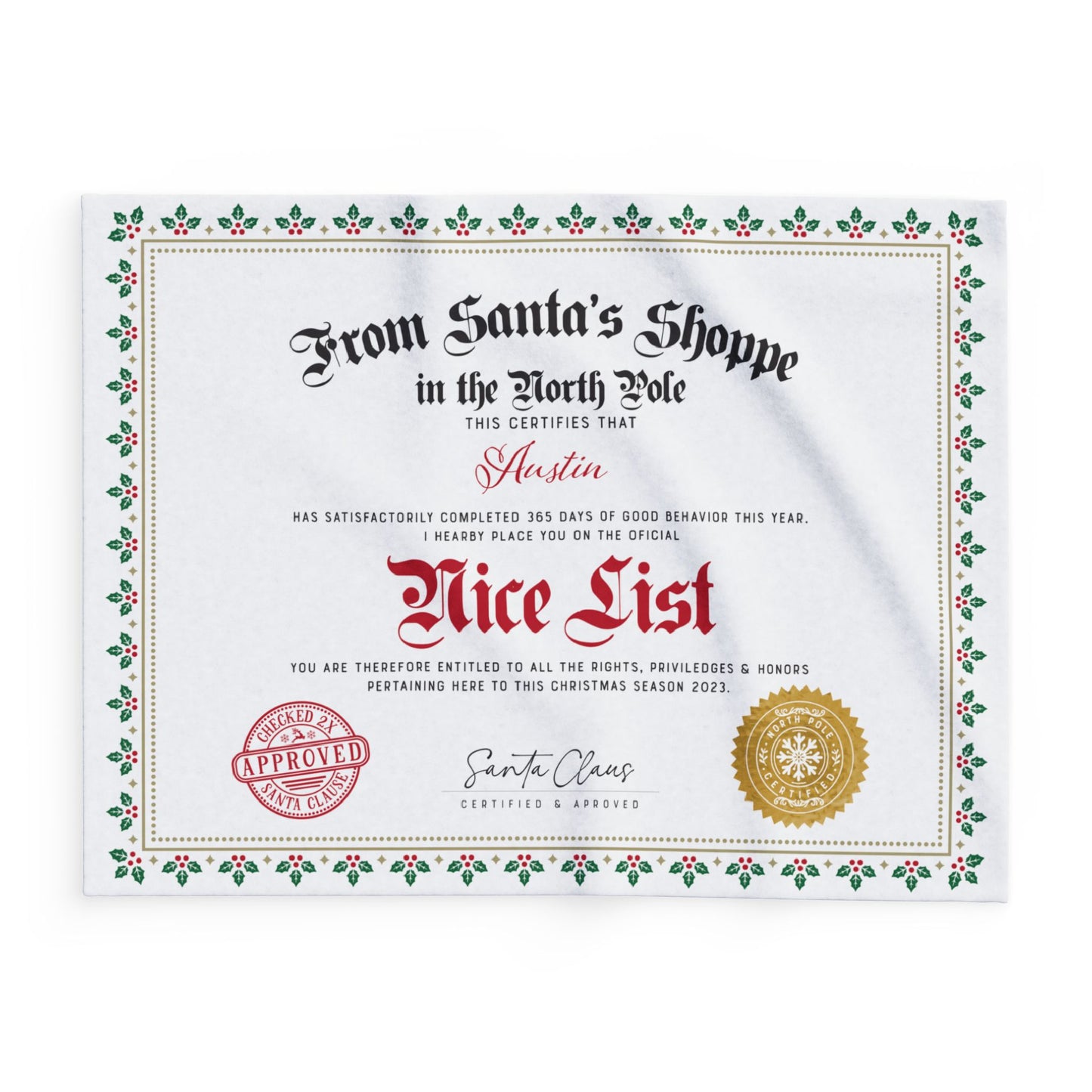 Personalized Fleece BLANKET | Custom Name NICE LIST Certificate Greenery Frame Diploma with Gold santa Seal | 30x40", 50x60" and 60x80"