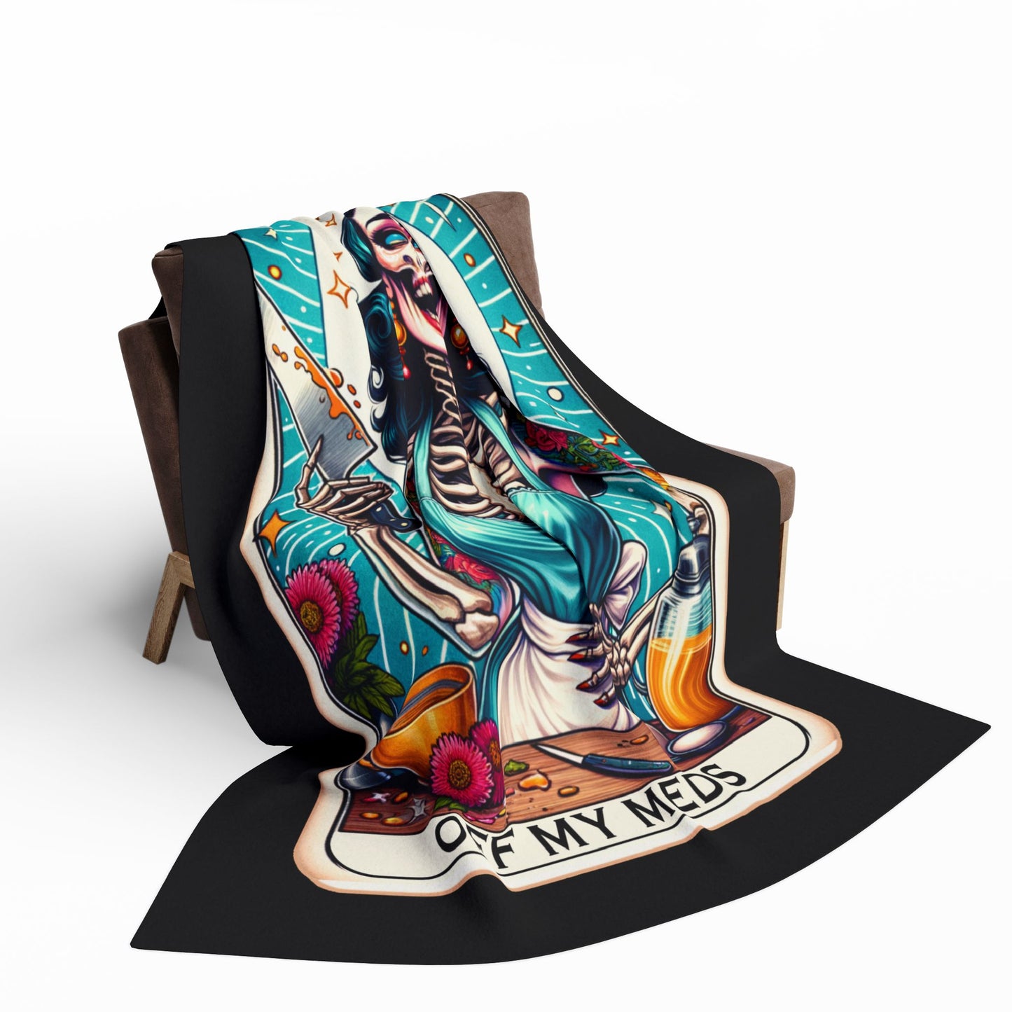 OFF MY MEDS Skeleton Black Tarot Card | Arctic Fleece Blanket | 30" x 40", 50" x 60", and 60" x 80"