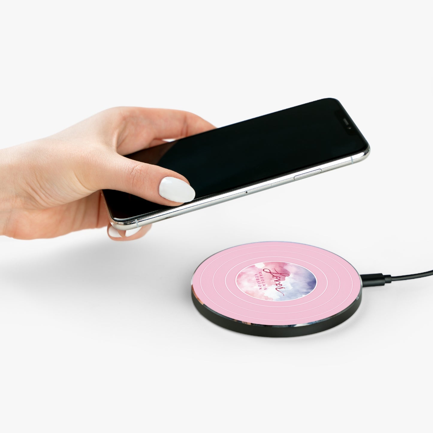 Personalized Wireless Charger LOVER Pink Clouds Vinyl Record | CUSTOM Version Name or ERA | 3.93" Round | 47'' cord | Swiftie Fan Gift