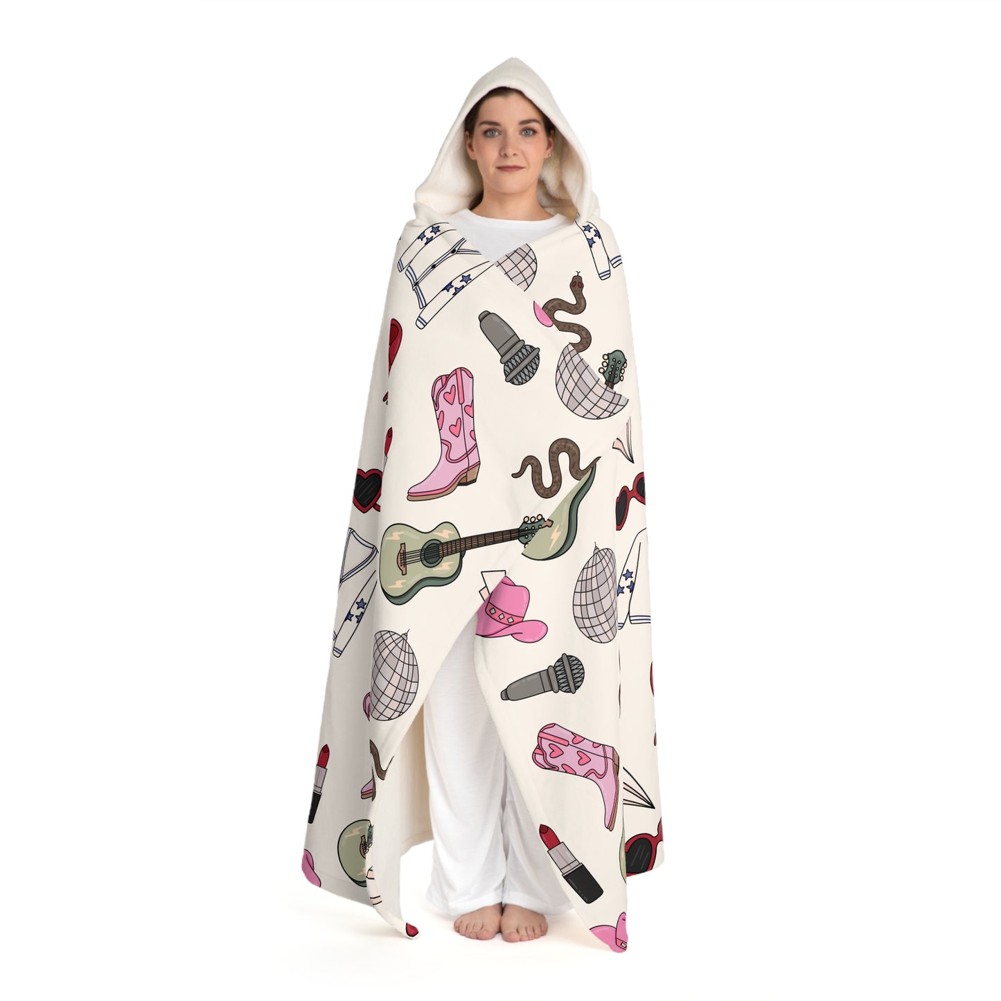 Eras Inspired Hooded Sherpa Fleece Blanket | 70.5" x 52" | Swiftie Gift | All Too Well Scarf, Guitar, Disco Ball, Cardigan, Pink Boots Hat