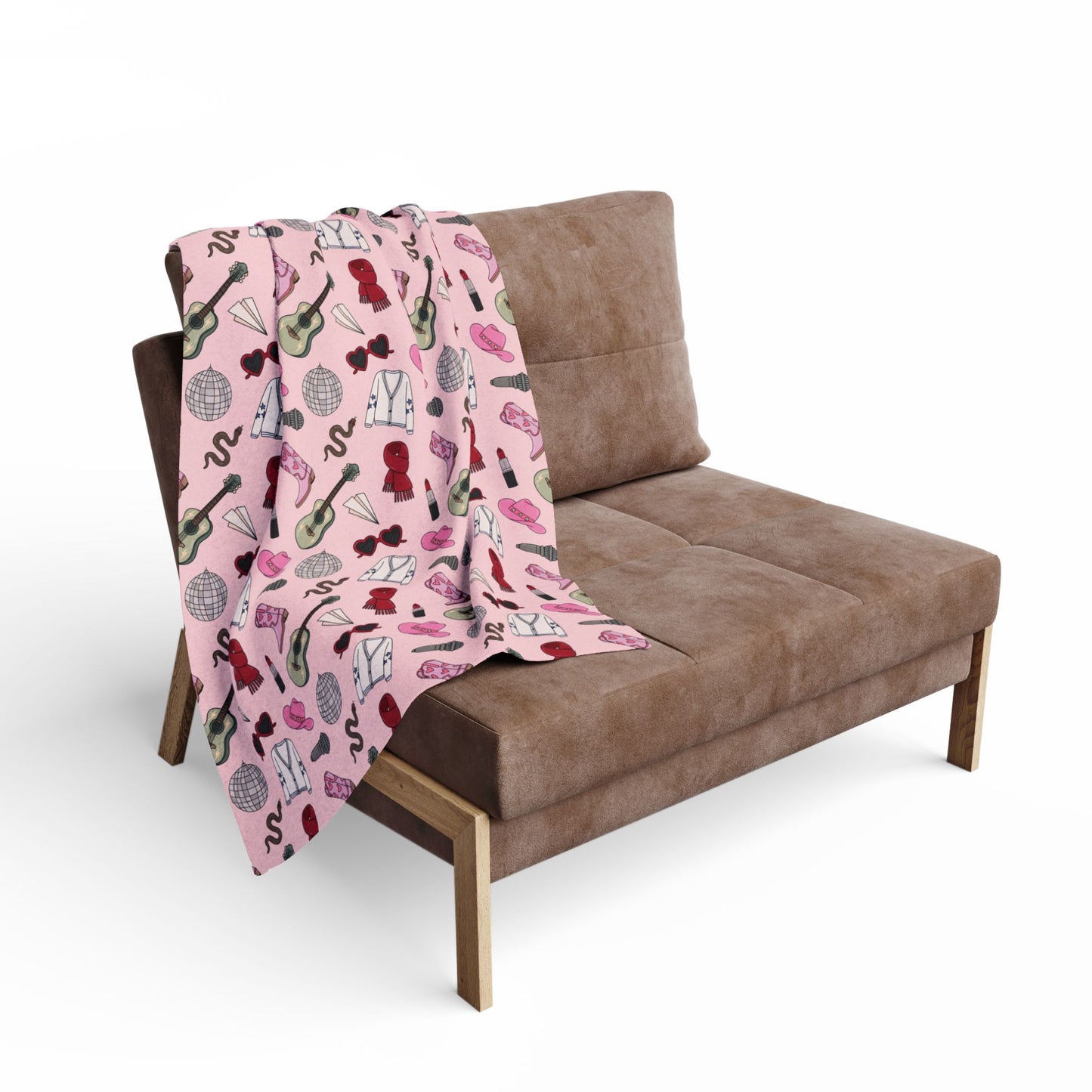 Eras Inspired PINK Arctic Fleece Blanket | 50x60", 60x80" | Swiftie Gift Fan | All Too Well Scarf, Guitar, Disco Ball, Cardigan, Boots, Hat