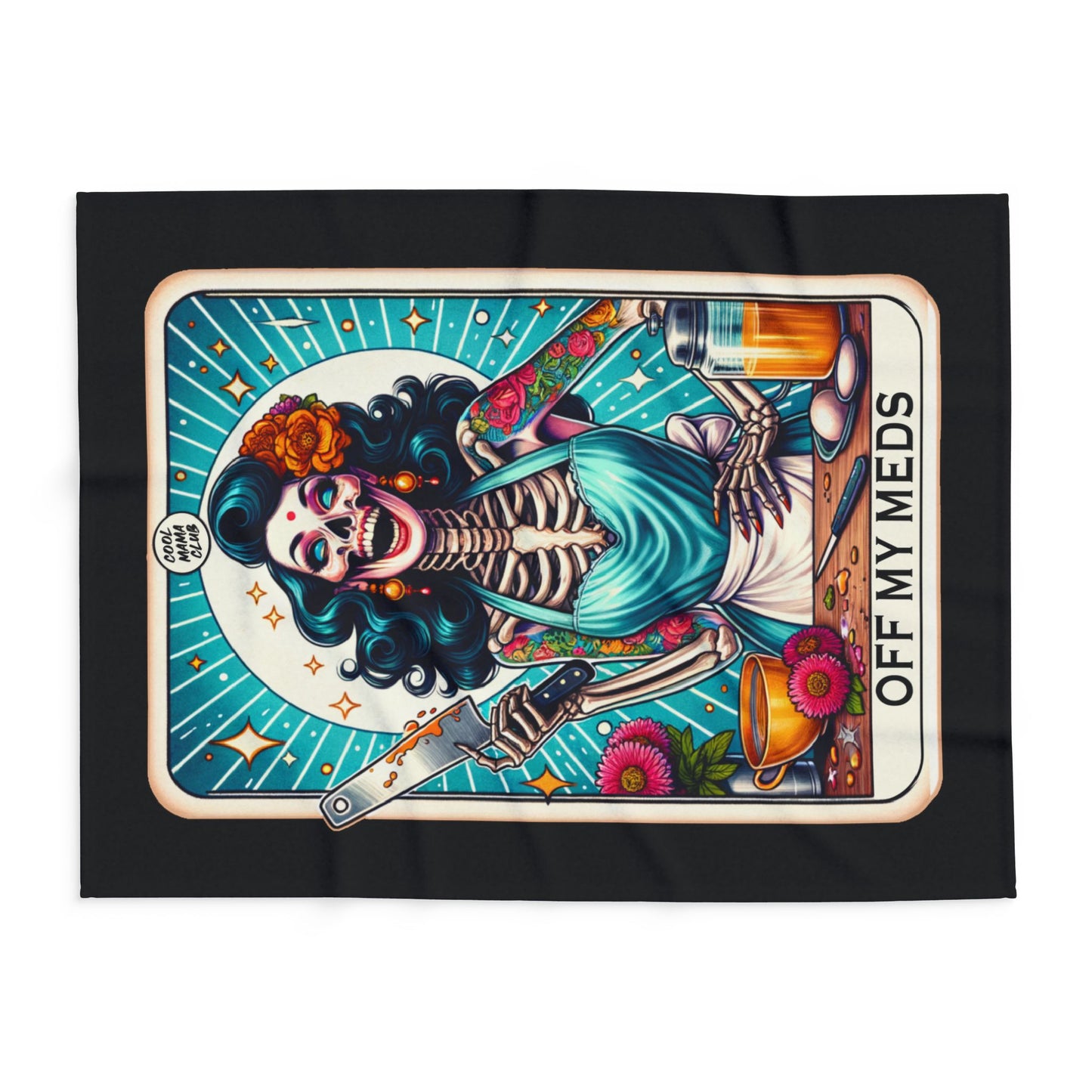 OFF MY MEDS Skeleton Black Tarot Card | Arctic Fleece Blanket | 30" x 40", 50" x 60", and 60" x 80"